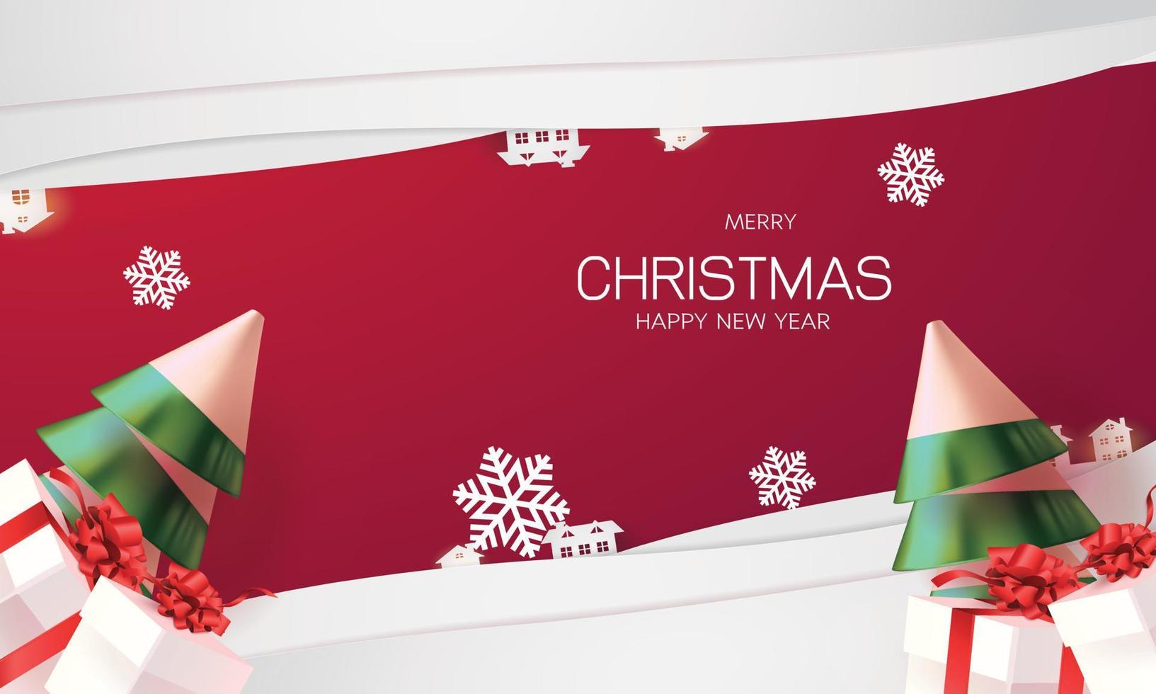 Merry Christmas and Happy new year on red background.Creative design paper art and craft style  illustration. Festive art decoration vector