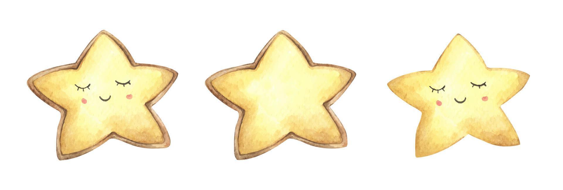 conjunto de galletas de cara de sonrisa en forma de estrella. acuarela deliciosas galletas. Ilustración de comida. vector