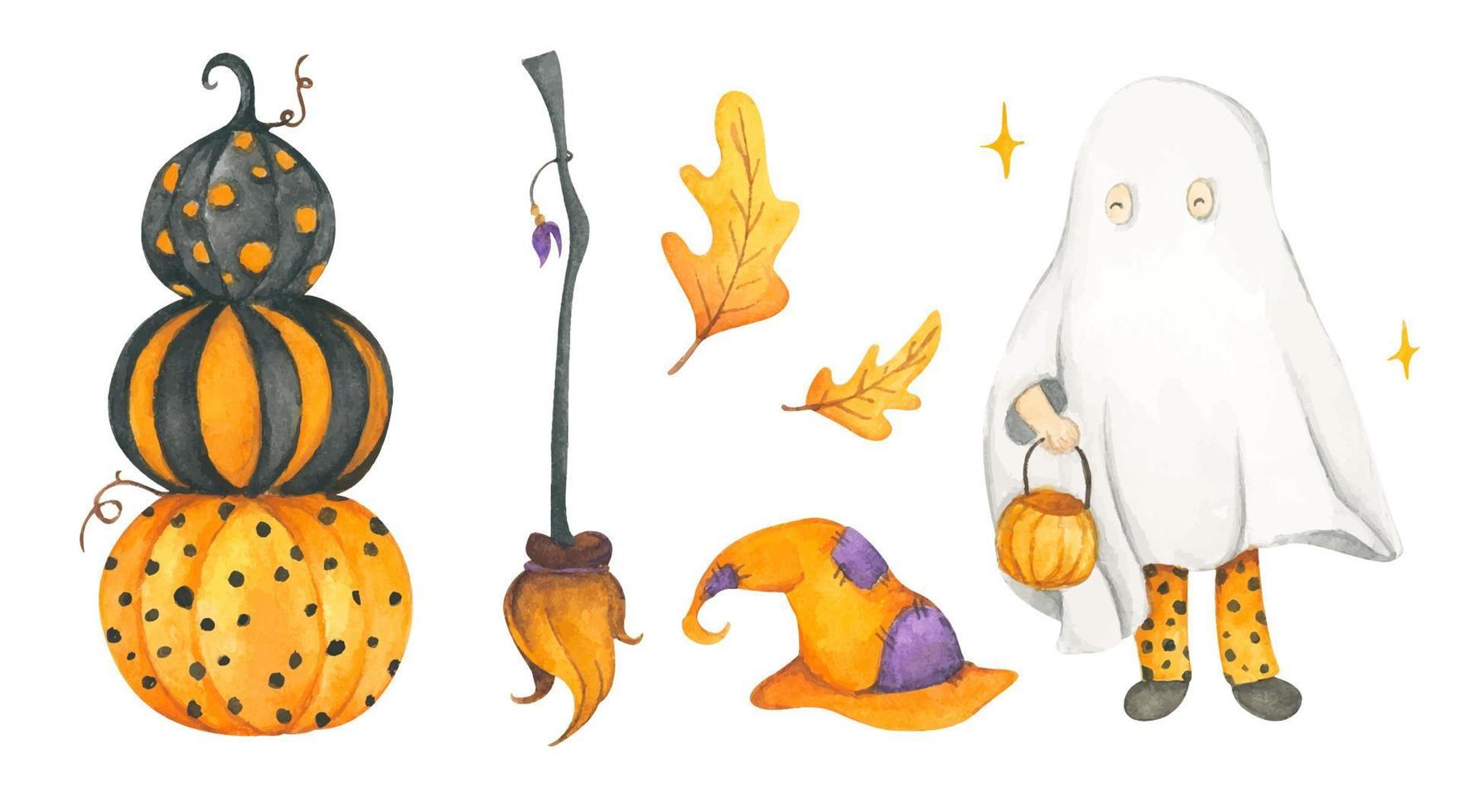 Happy Halloween collection. Watercolor illustration. vector