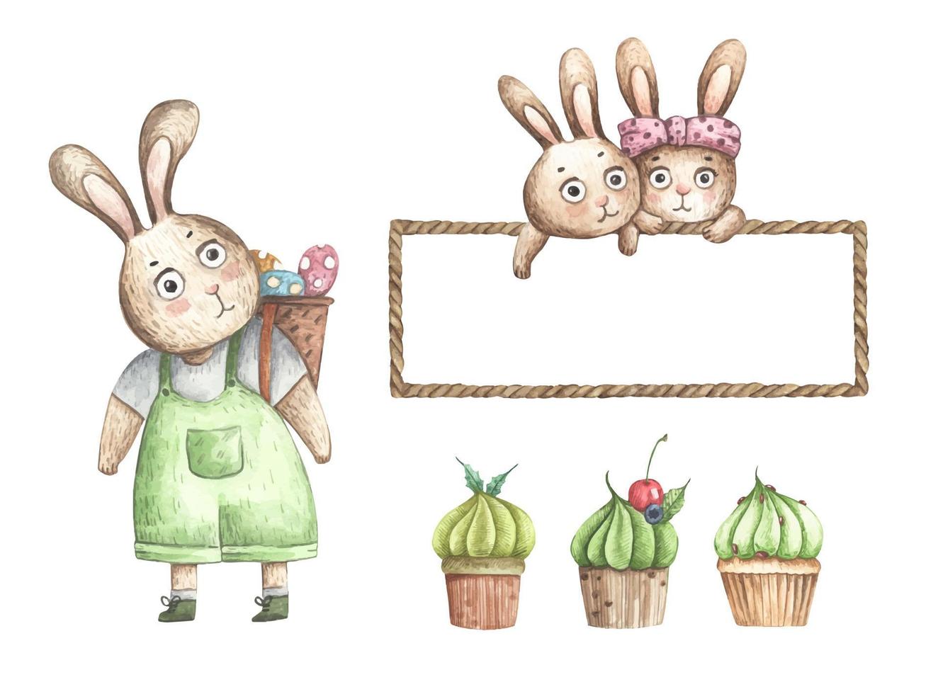 Set of Cute easter characters and design elements. Easter bunny, and Cupcake. Watercolor illustration. vector