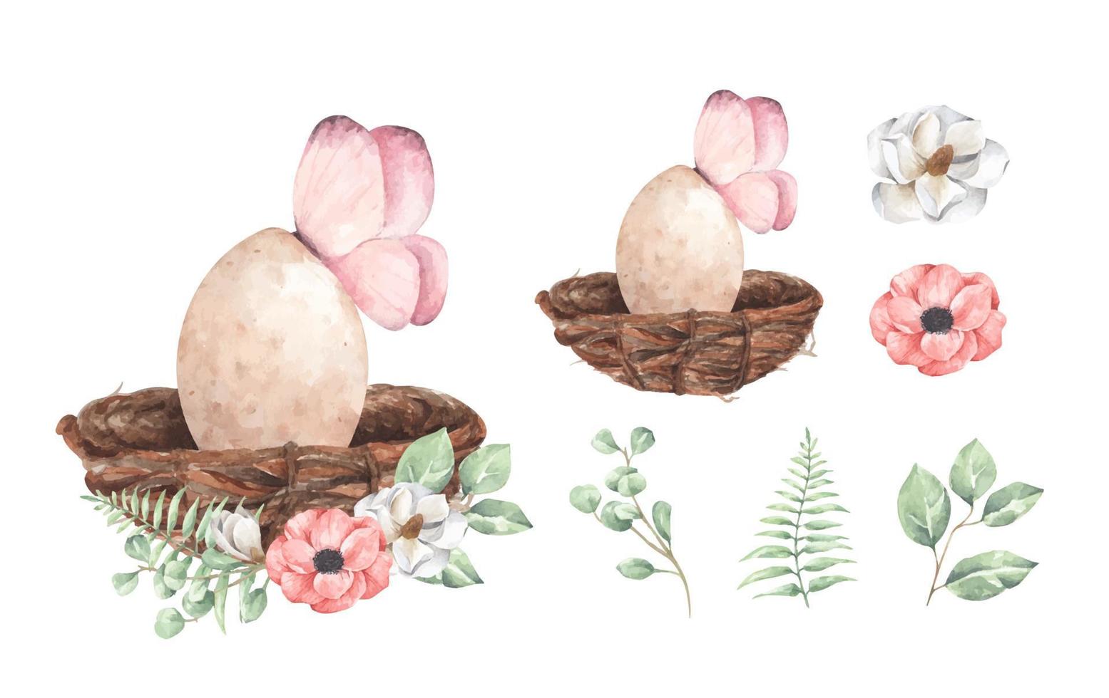 Set of egg with floral branch. Watercolor illustration. vector