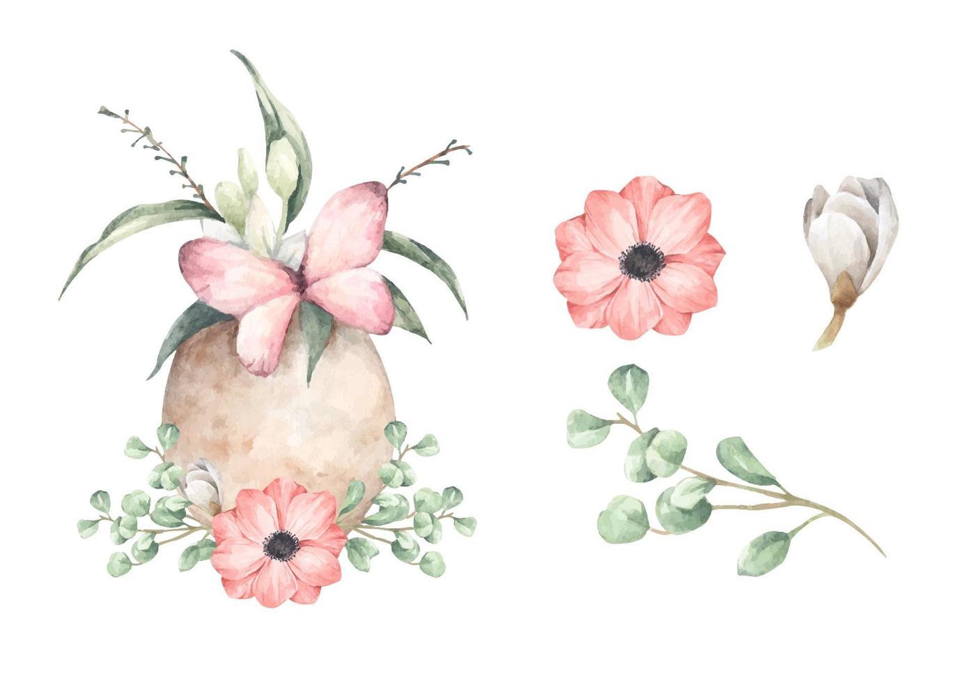 Set of egg with floral branch. Watercolor illustration. vector