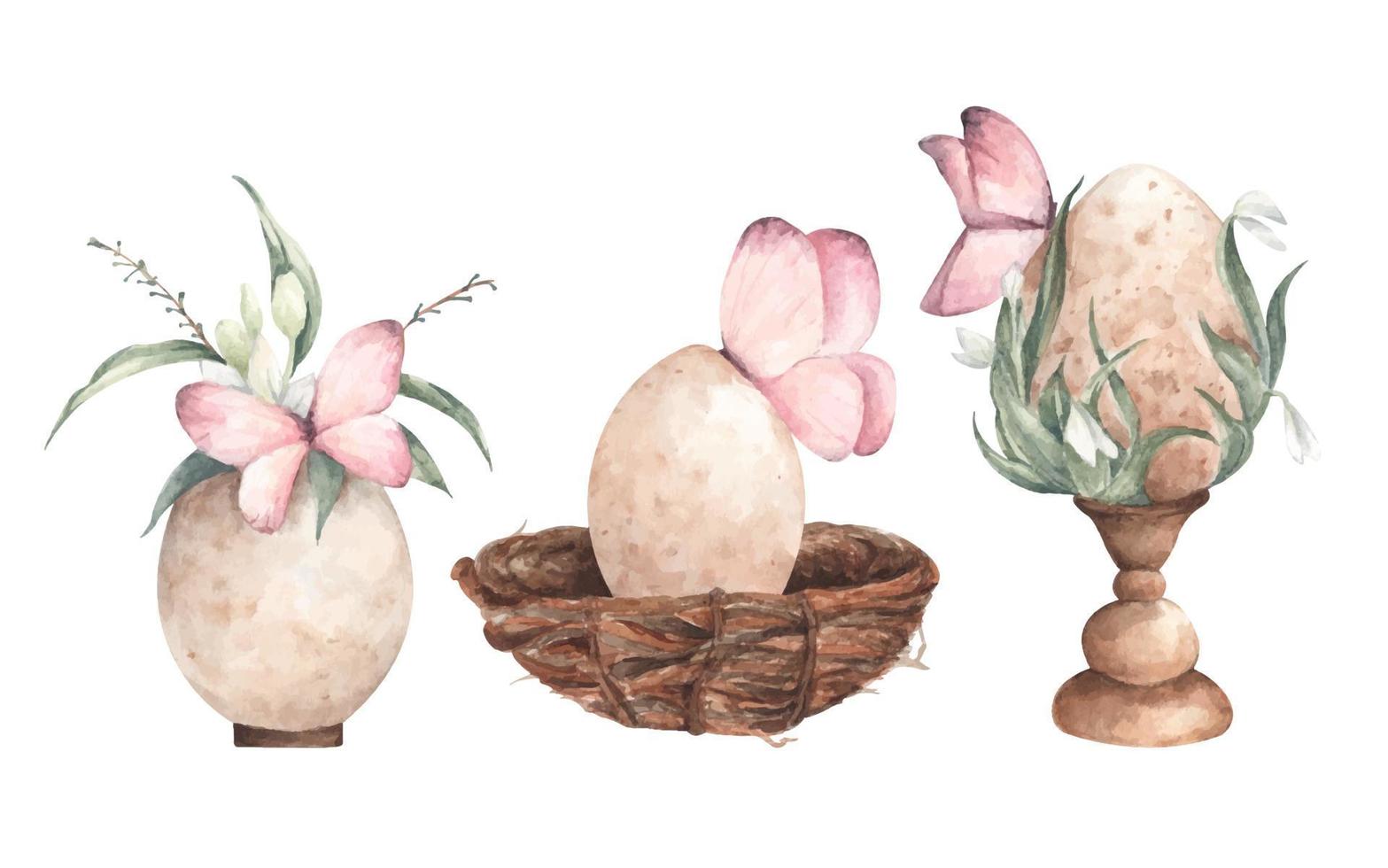 Set of three vintage eggs with butterflies. Watercolor illustration. vector