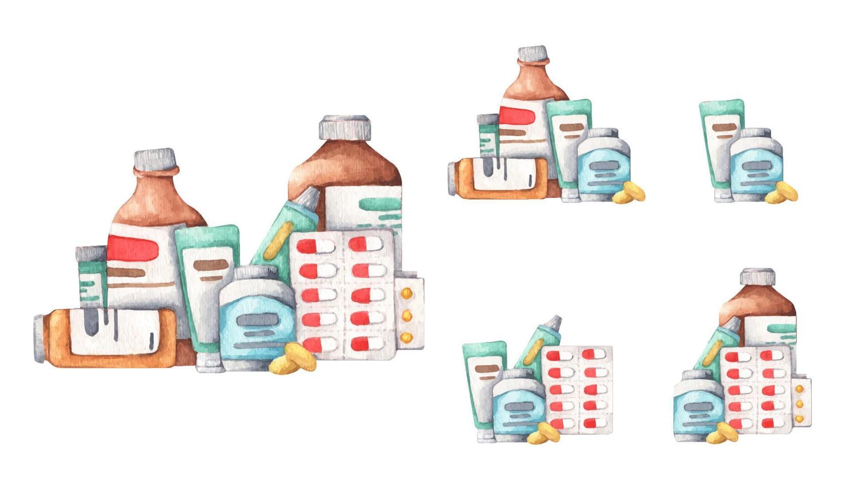 Set of Various meds. Watercolor illustration. vector