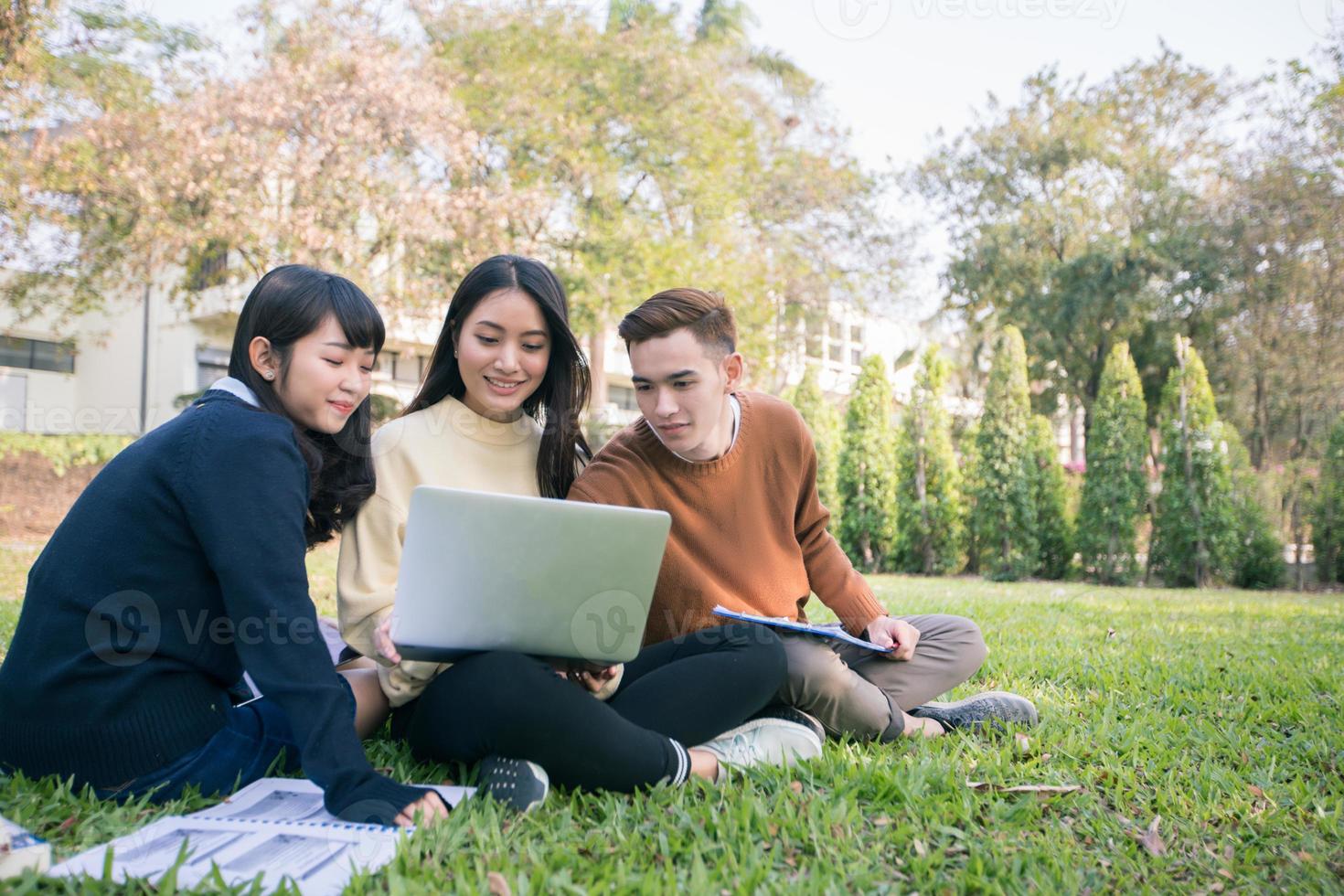 Grupo de estudiantes universitarios asiáticos sentados en la hierba verde trabajando y leyendo juntos al aire libre en un parque foto