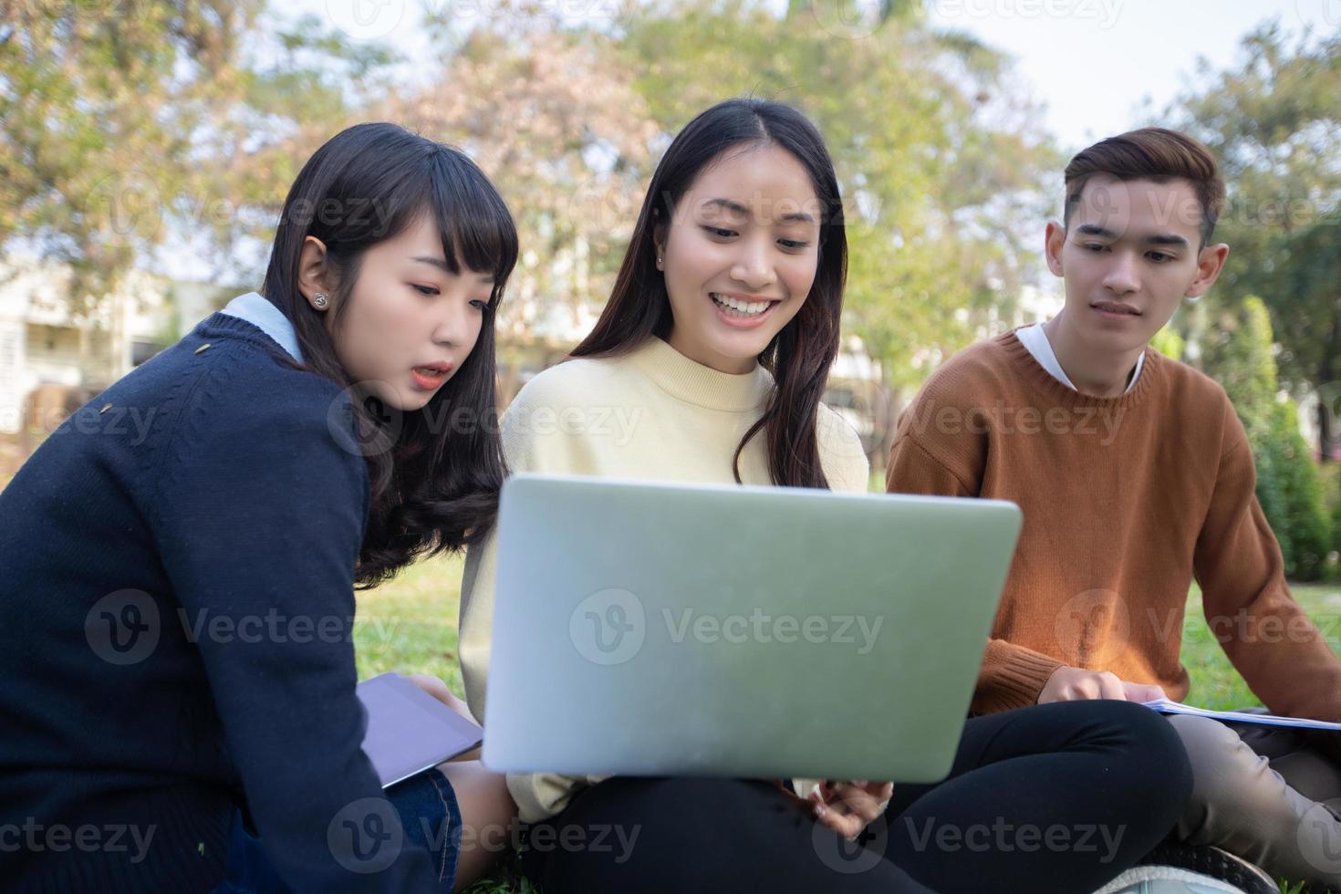 Grupo de estudiantes universitarios asiáticos sentados en la hierba verde trabajando y leyendo juntos al aire libre en un parque foto