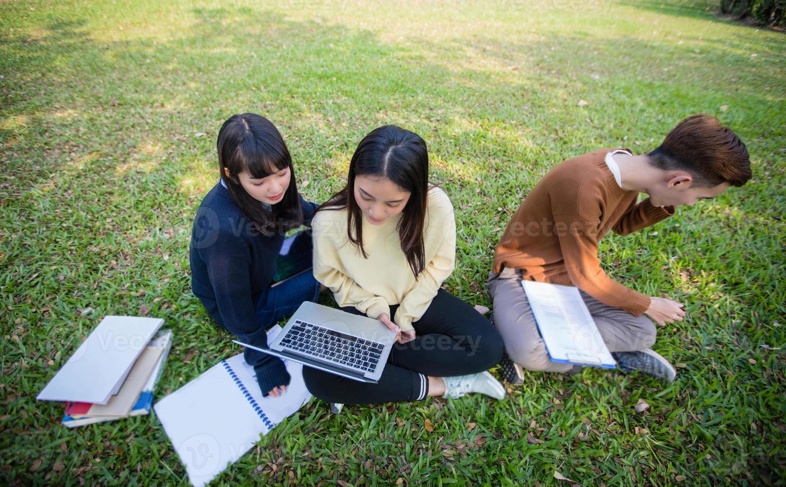 Grupo de estudiantes universitarios asiáticos sentados en la hierba verde trabajando y leyendo juntos al aire libre en un parque foto