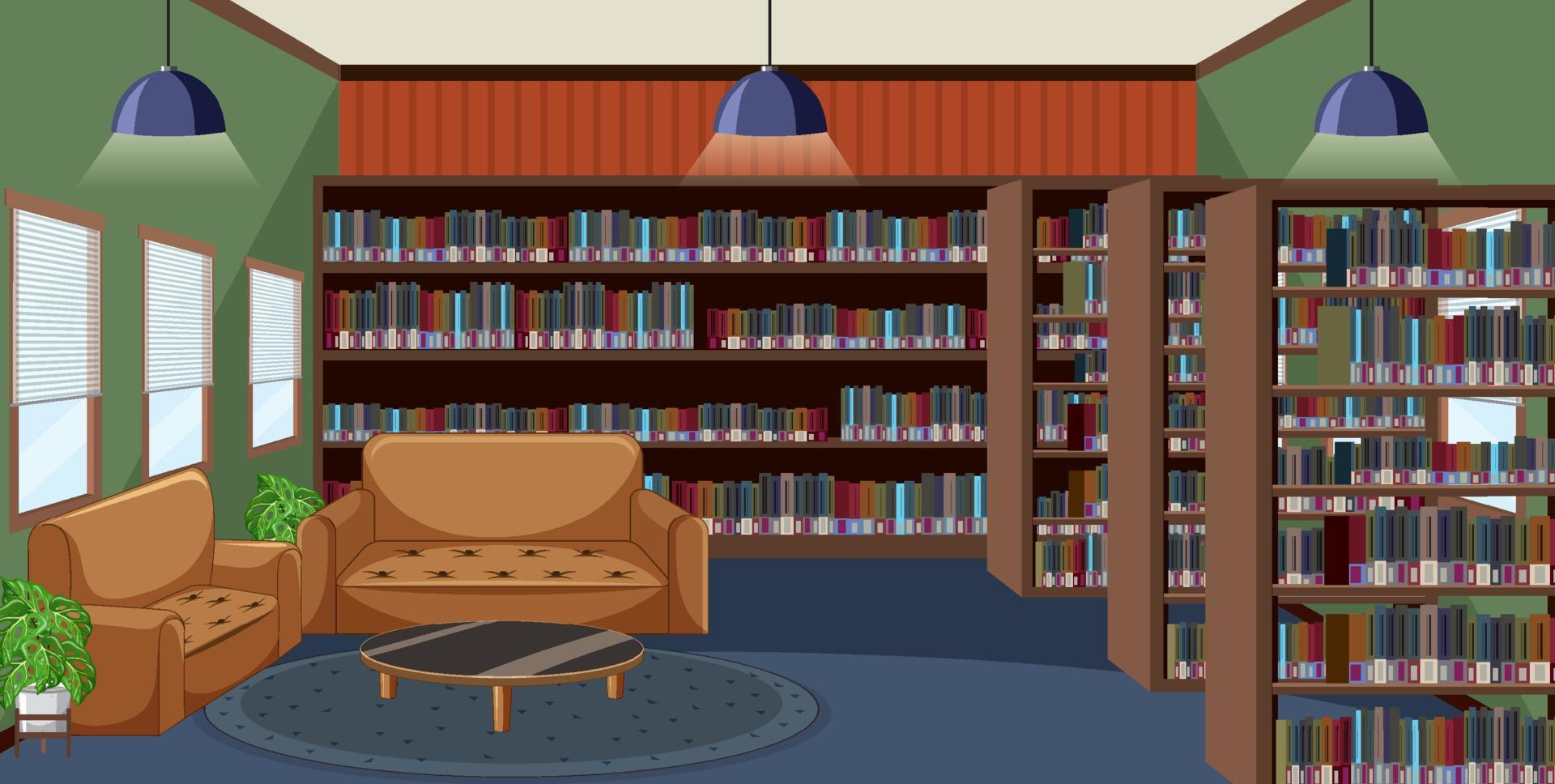 Diseño interior de biblioteca vacía con estanterías. vector