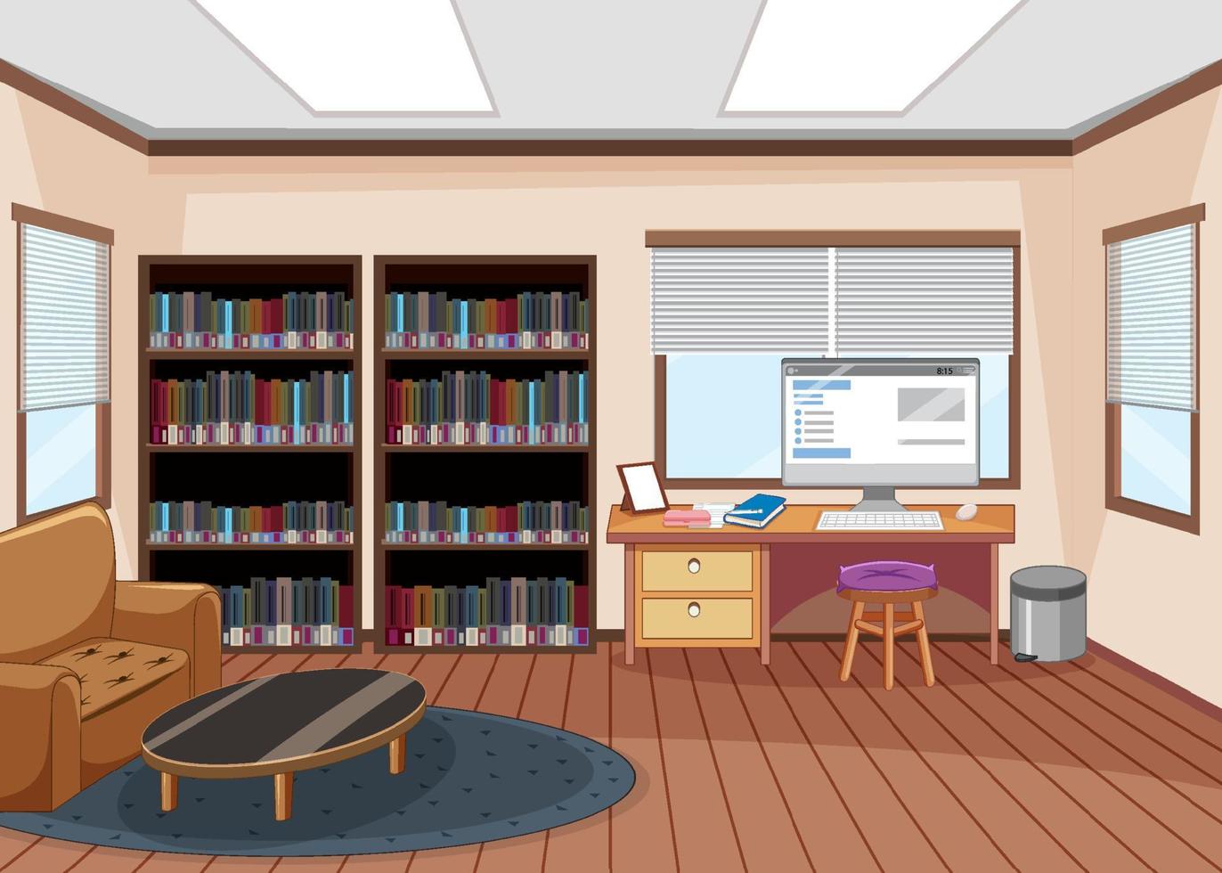 Diseño interior de biblioteca vacía con estanterías. vector