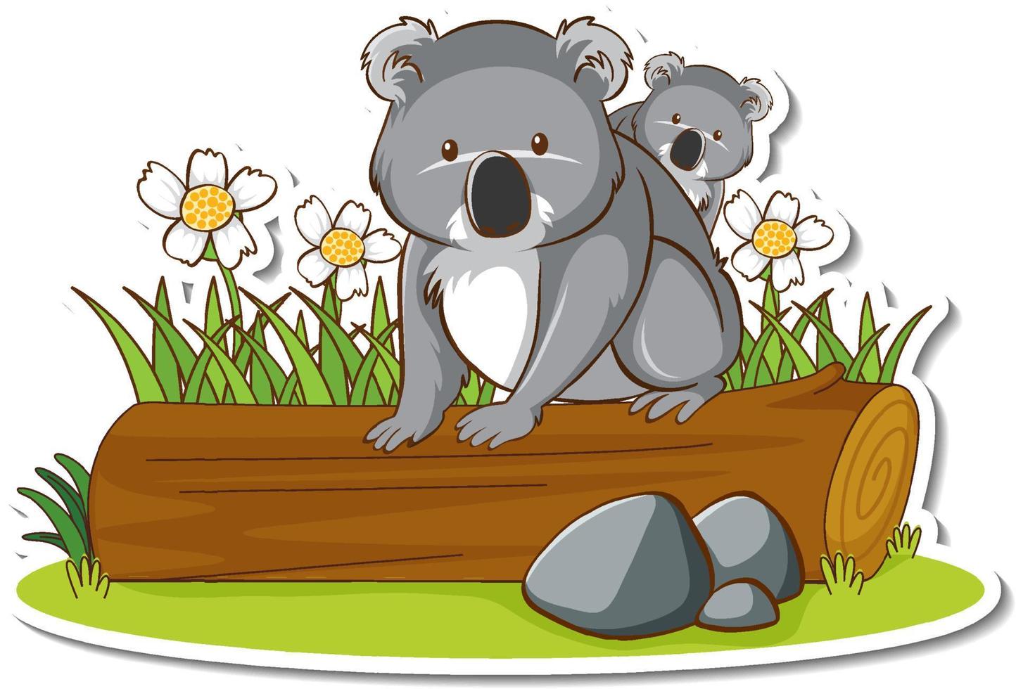 Koala mom and baby standing on a log sticker vector