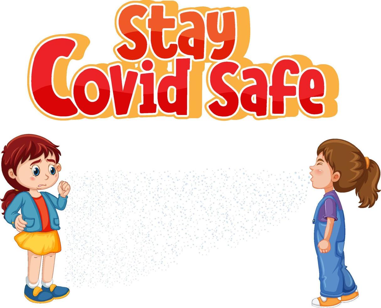 Stay Covid Safe Font en estilo de dibujos animados con dos niños manteniendo el distanciamiento social aislado sobre fondo blanco. vector