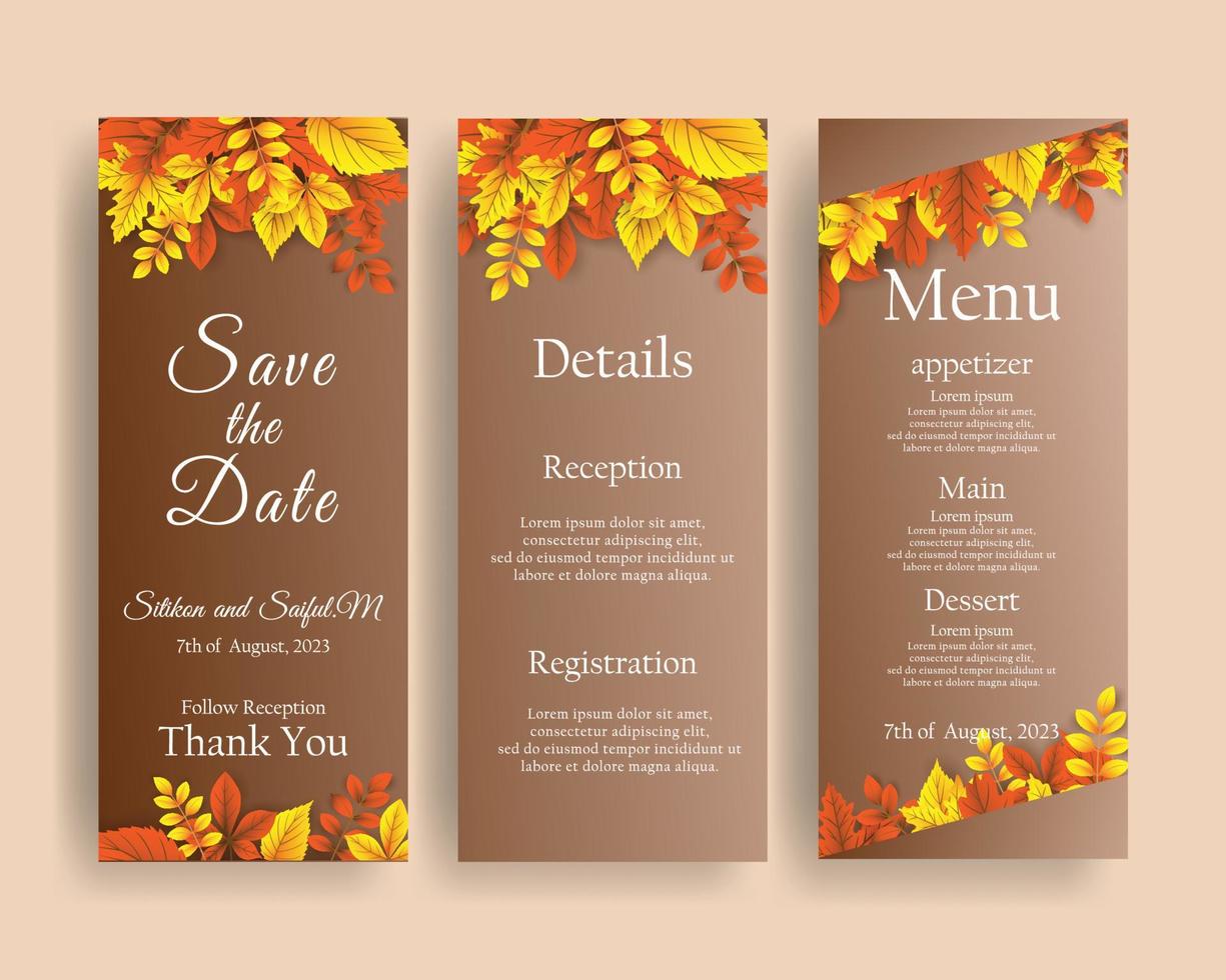 diseño de invitación de boda de otoño con hojas vectoriales realistas. vector