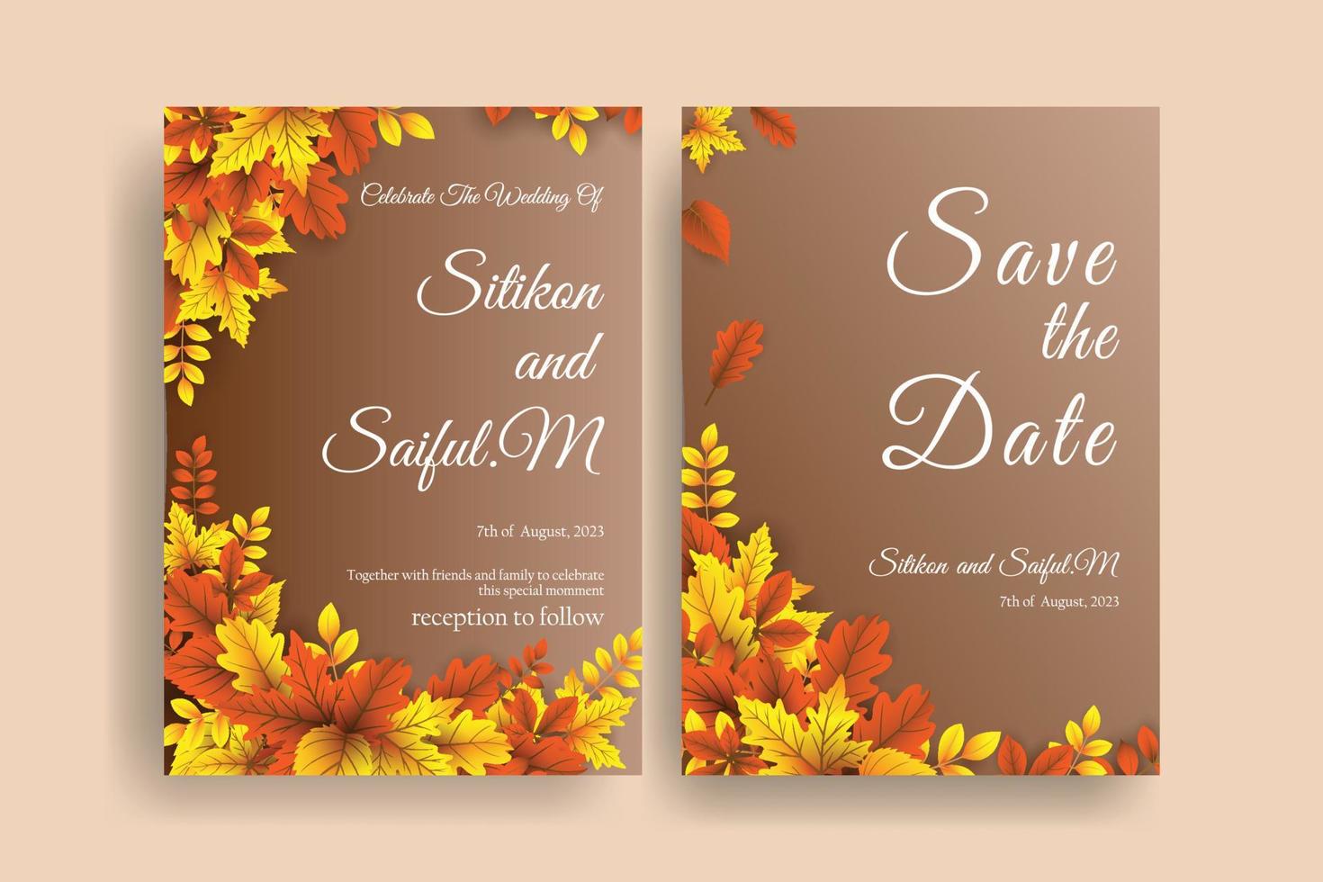 autumn wedding invitation design with realist vector leaves.