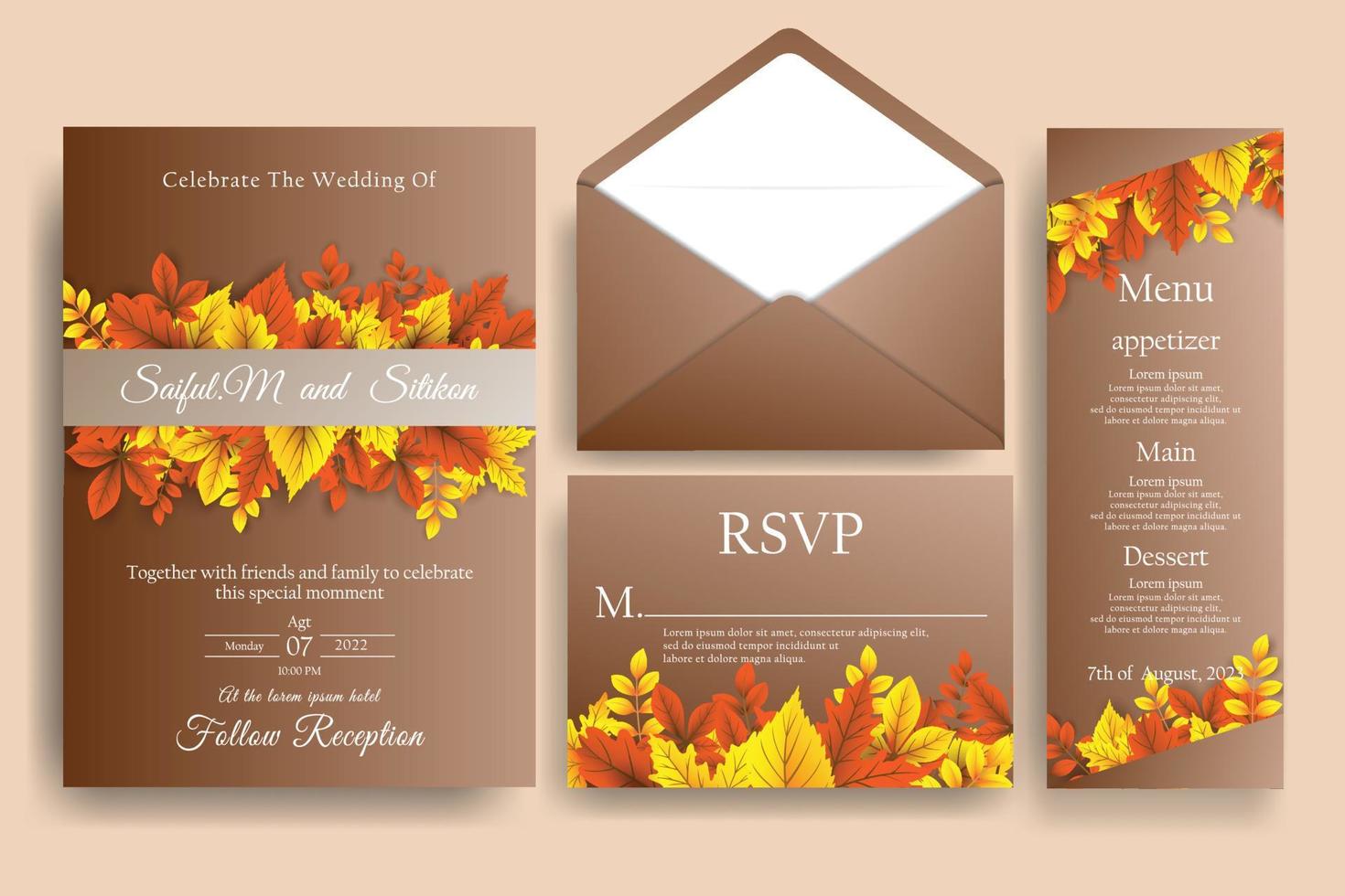 diseño de invitación de boda de otoño con hojas vectoriales realistas. vector