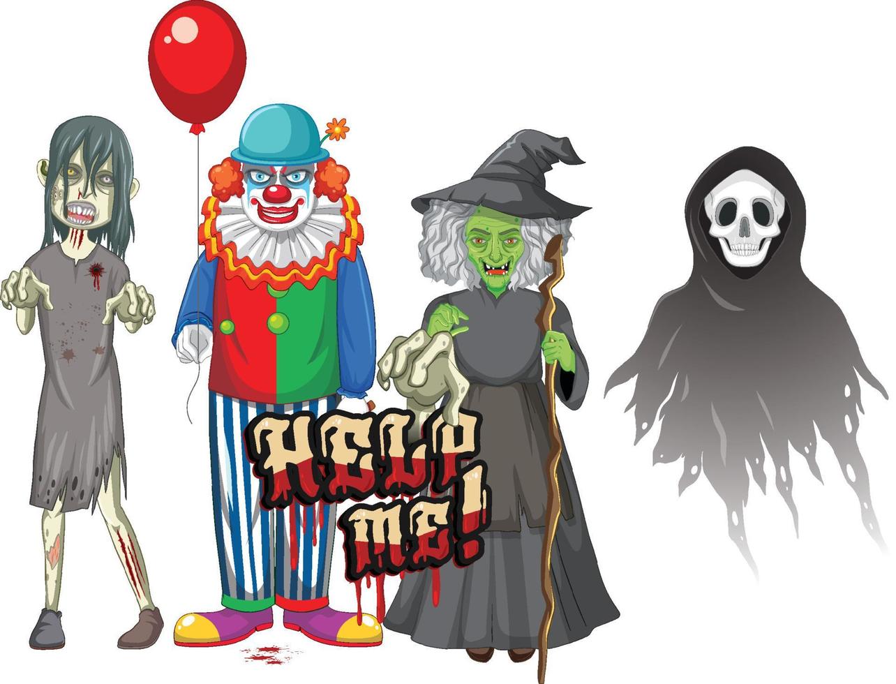 Help me text design with Halloween ghost characters vector