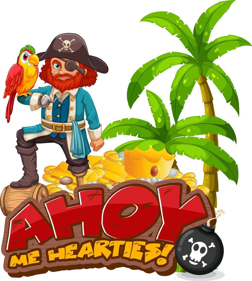 concepto de jerga pirata con pancarta ahoy me hearties y un personaje de dibujos animados pirata vector
