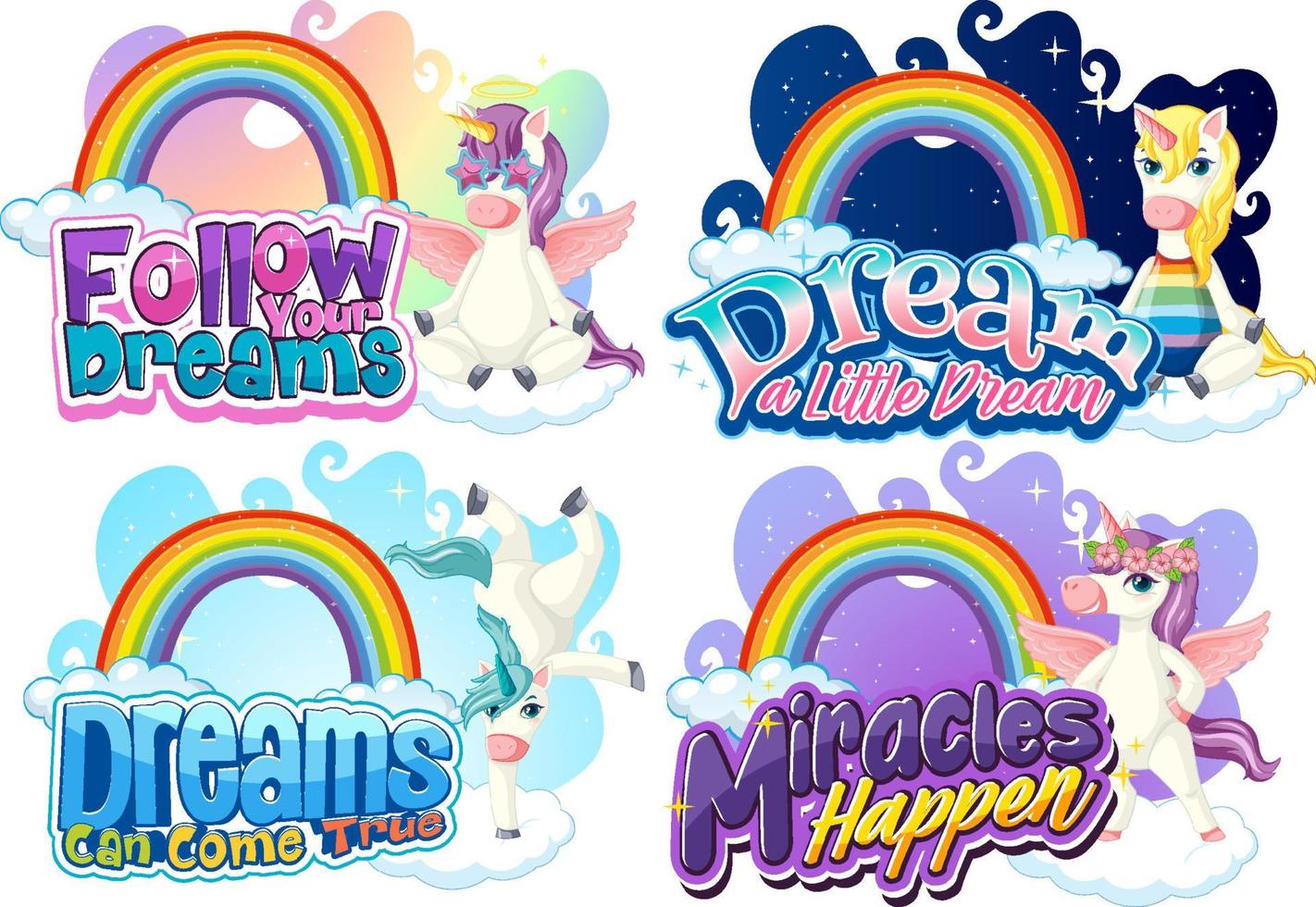 Set of different unicorn font typography with rainbows isolated vector