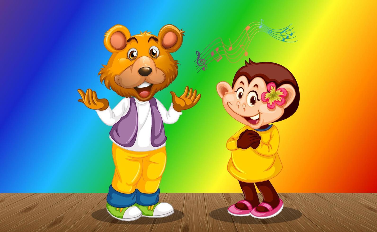 Monkey with bear cartoon character on rainbow gradient background vector