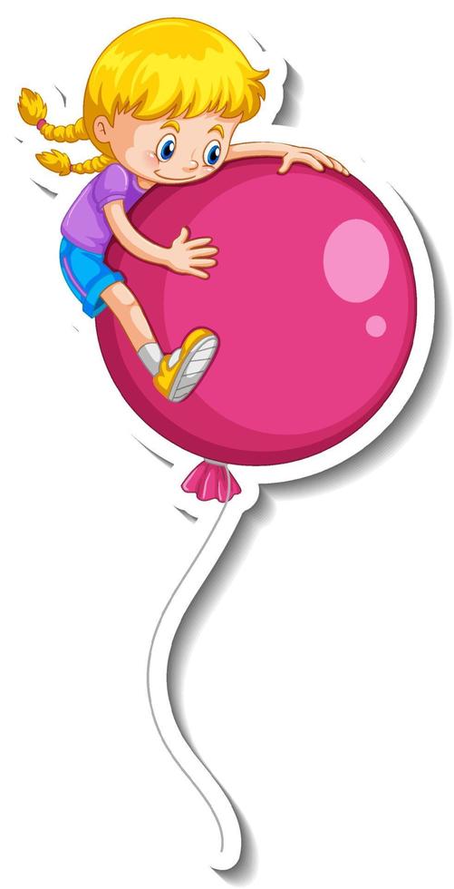 Plantilla de pegatina con muchos globos volando con una chica. vector