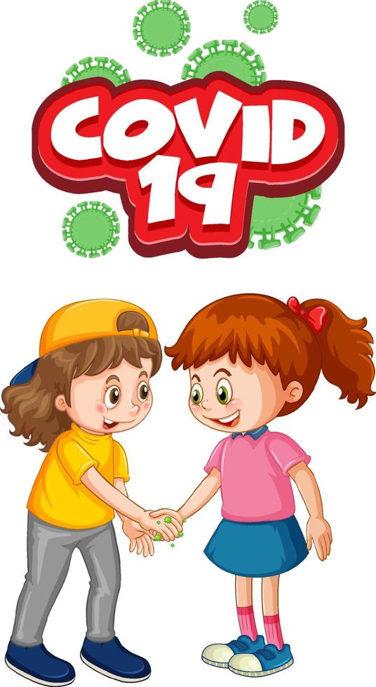 Two kids cartoon character do not keep social distance with Covid-19 font isolated on white background vector