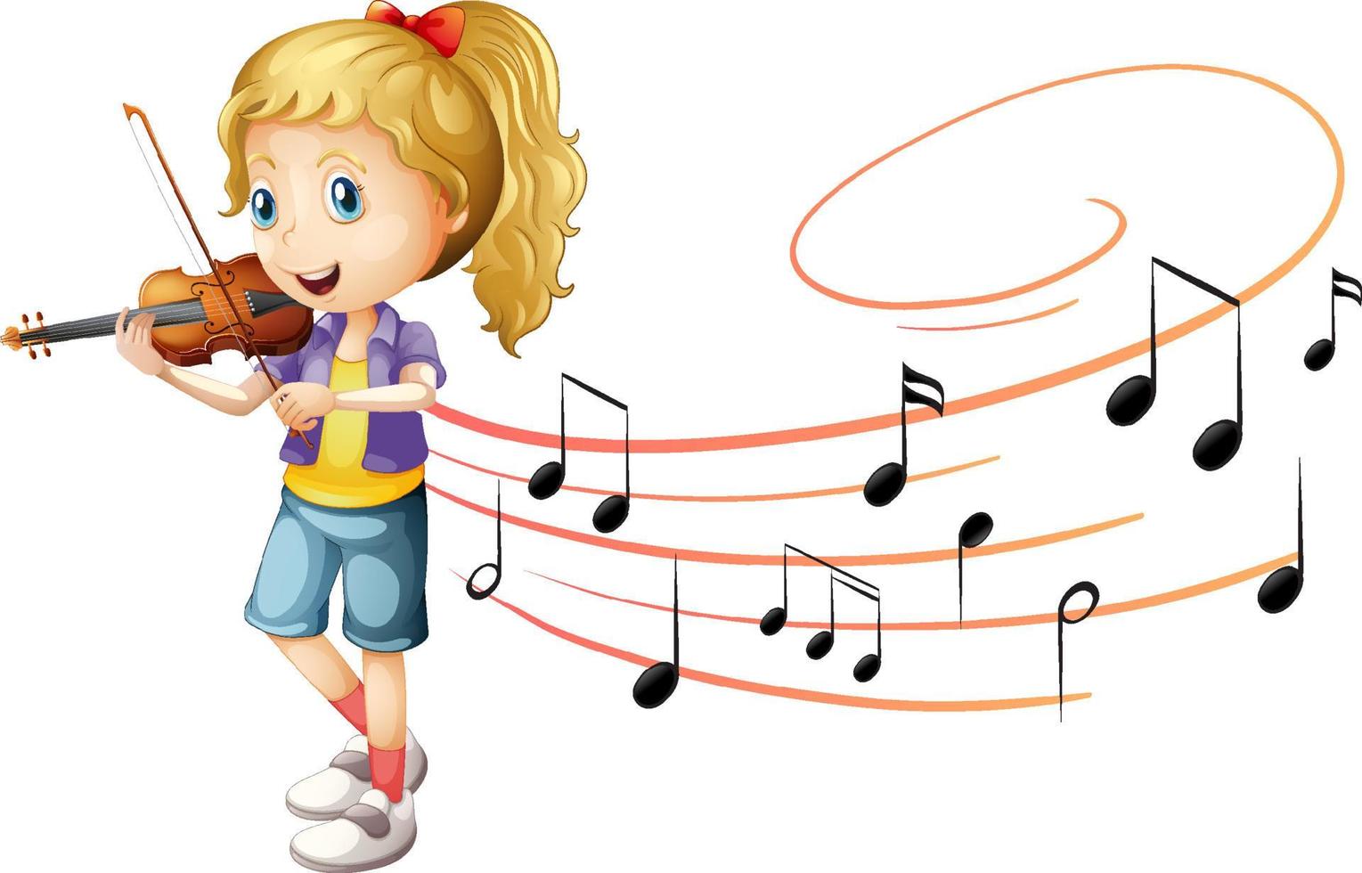 A girl playing violin with melody symbols on white background vector