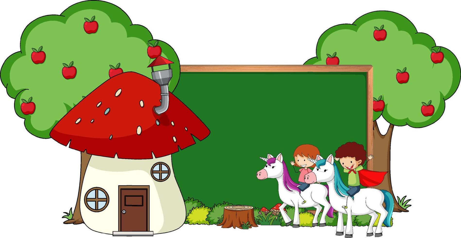 Empty chalkboard banner with fantasy cartoon character isolated vector
