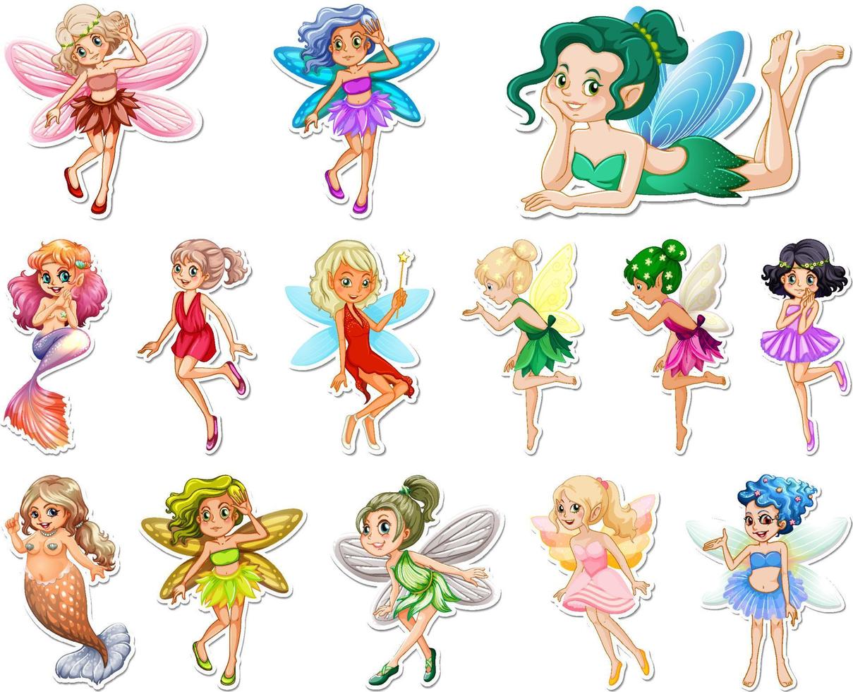 Set of stickers with beautiful fairies and mermaid cartoon character vector