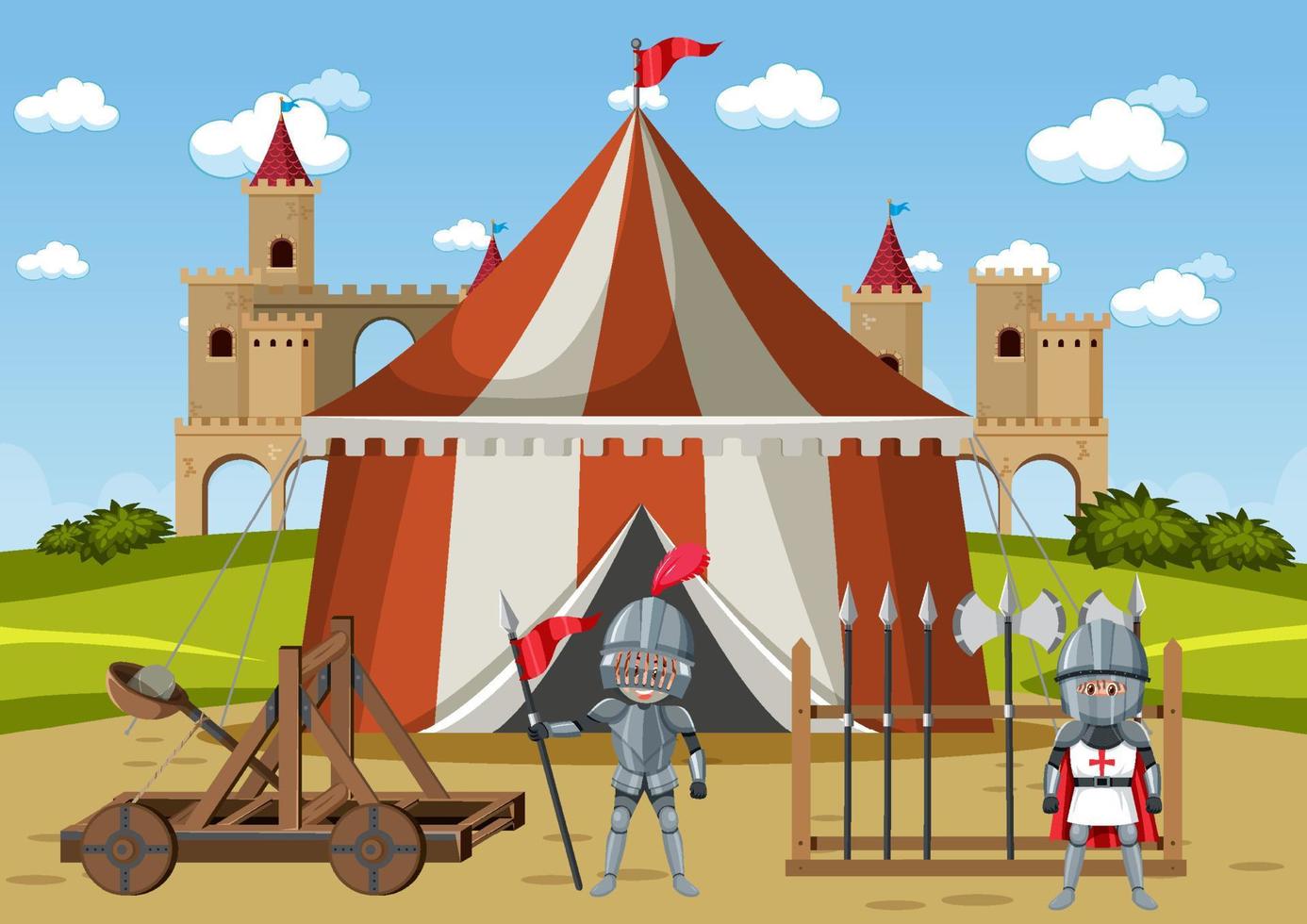 Campamento militar medieval con carpas y armas. vector