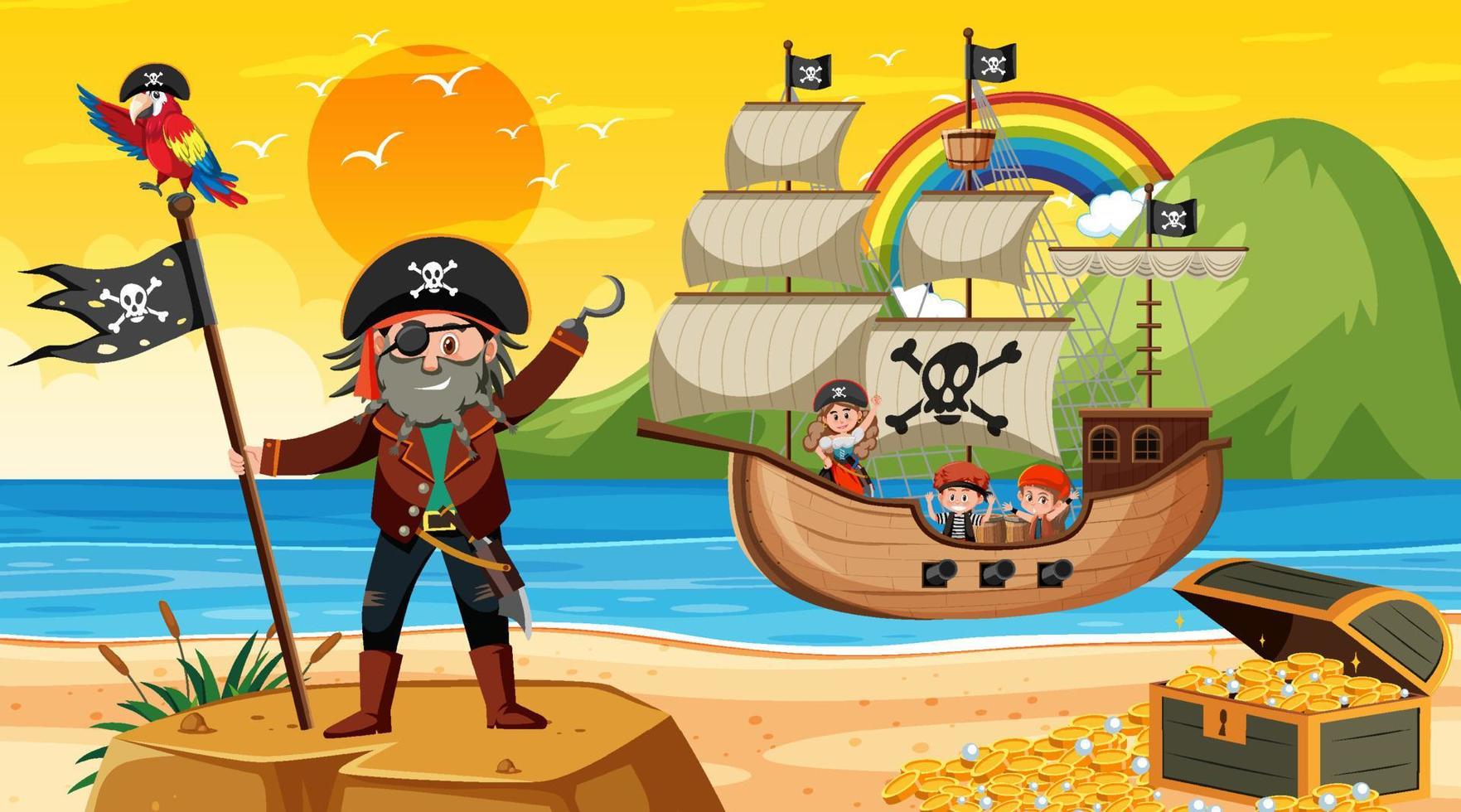 Beach at sunset time scene with pirate kids cartoon character on the ship vector