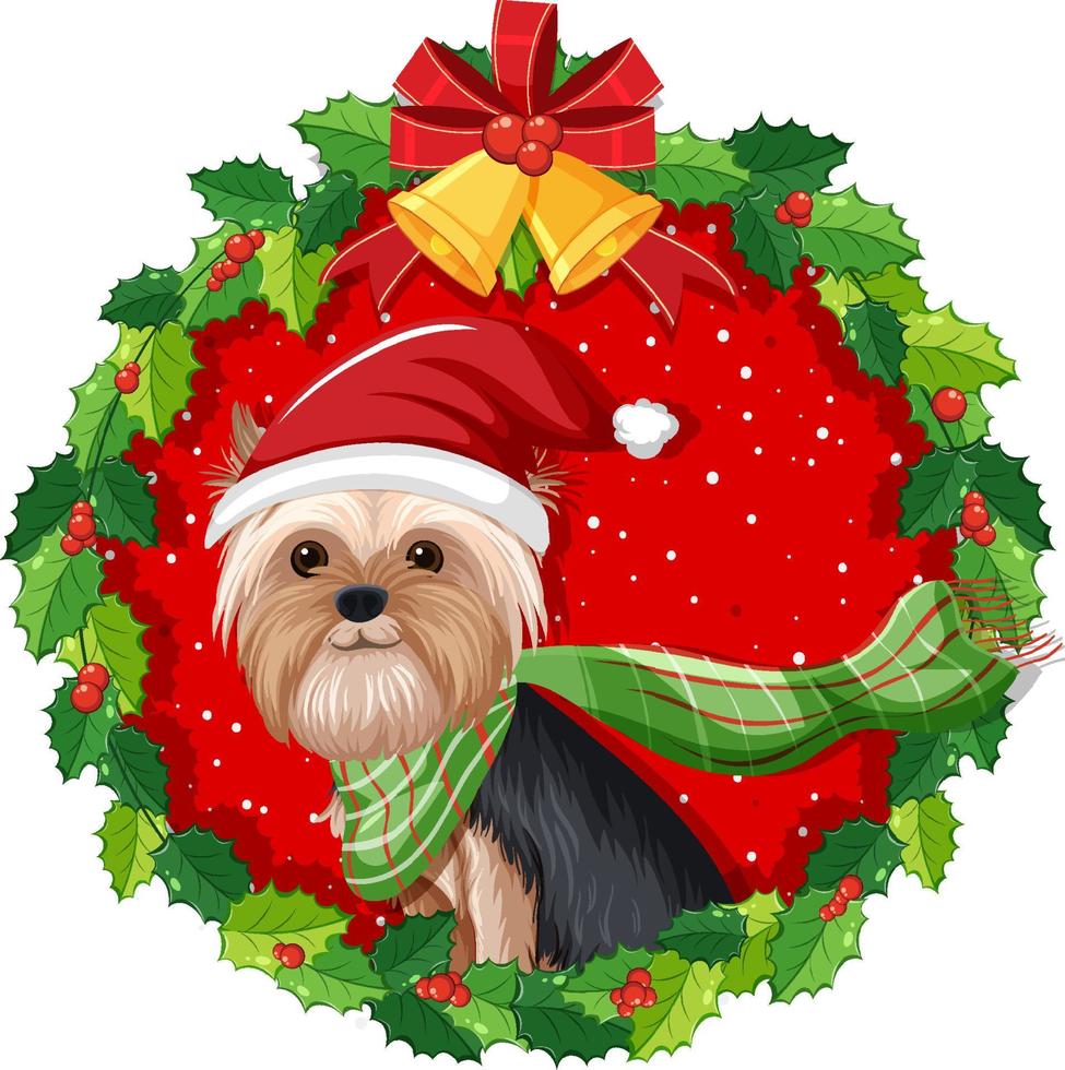 Cute Yorkshire Terrier dog in Christmas wreath isolated vector