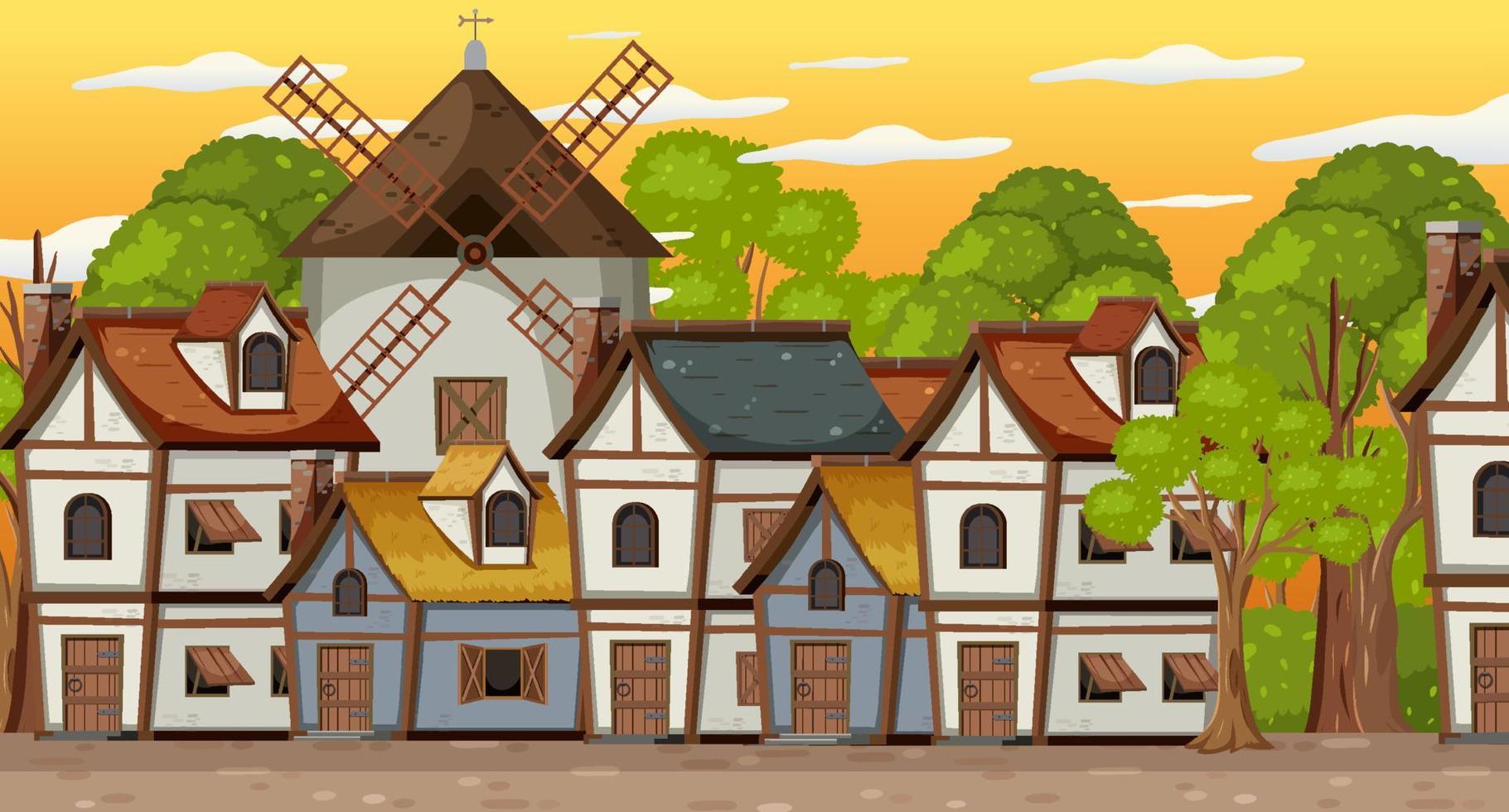 Escena de pueblo medieval con molino de viento y casas. vector