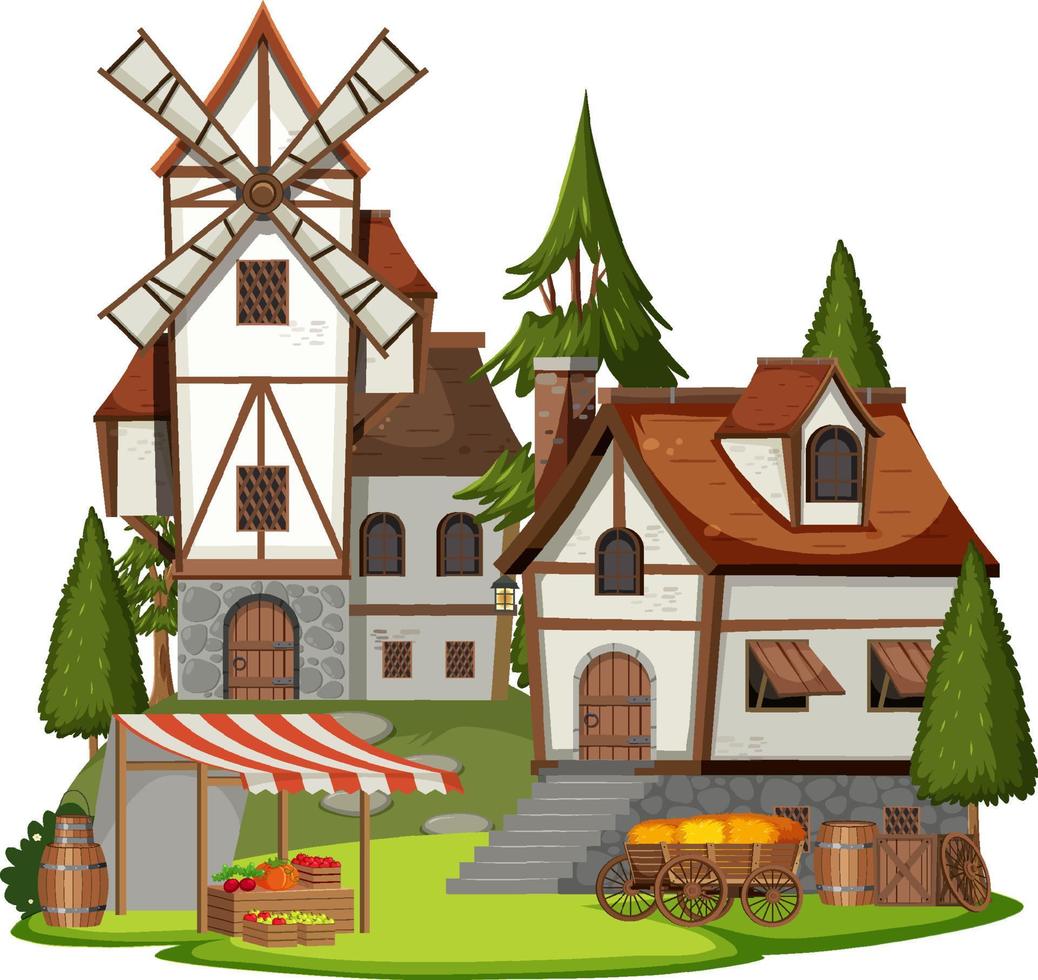 Medieval village with villagers on white background vector