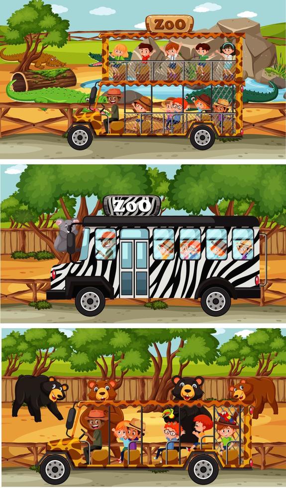 Set of different safari horizontal scenes with animals and kids cartoon character vector