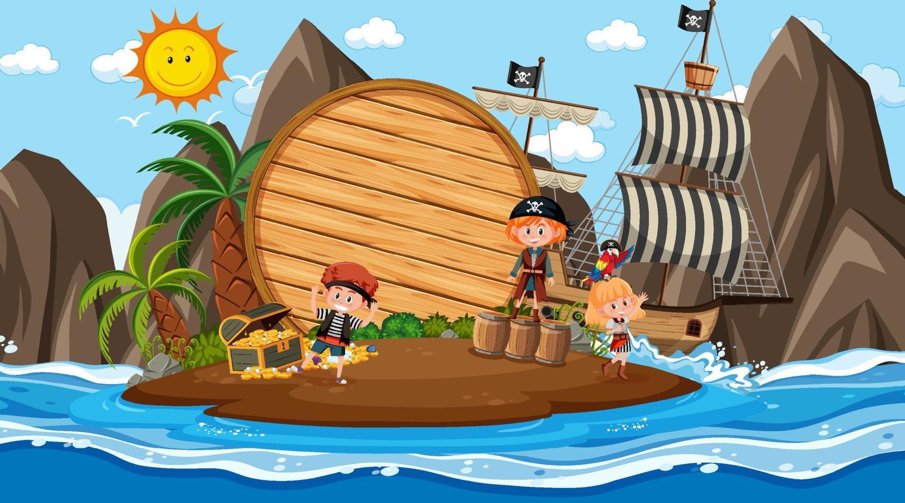 Pirate kids at the beach daytime scene with an empty wooden banner template vector