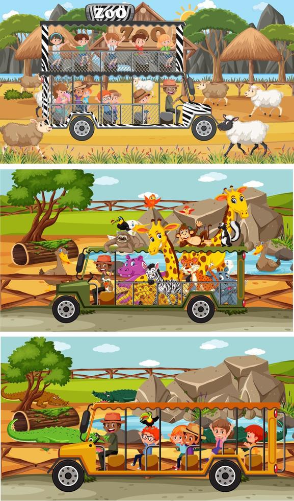 Conjunto de diferentes escenas horizontales de safari con personajes de dibujos animados de animales y niños vector