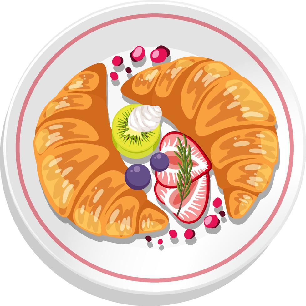 Croissant with kiwi and strawberry topping on a plate isolated vector