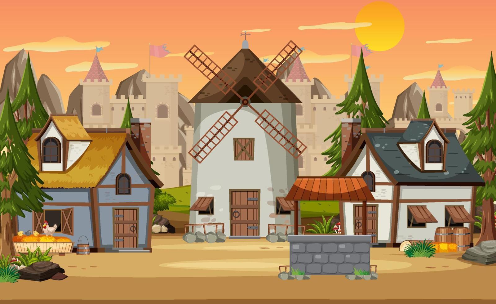 pueblo medieval con molino de viento y casas. vector