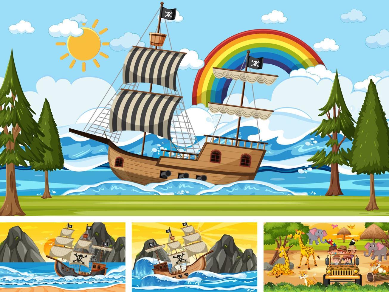 Set of different scenes with pirate ship at the sea and animals in the zoo vector