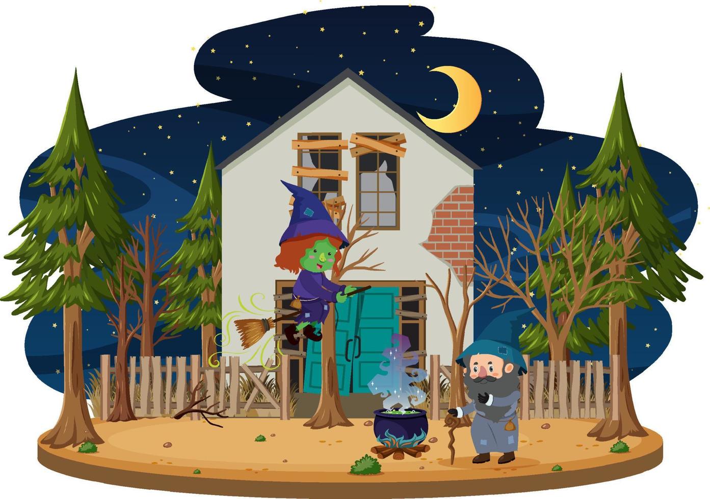 Witch riding a broom in front of haunted house in the woods vector