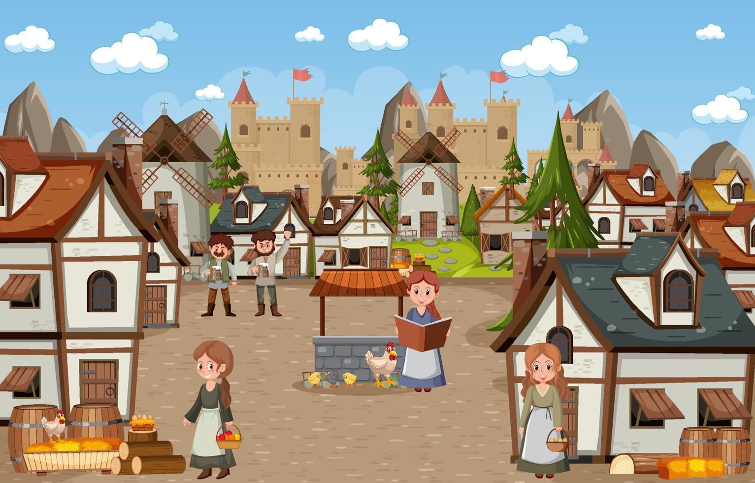 Medieval town scene with villagers vector