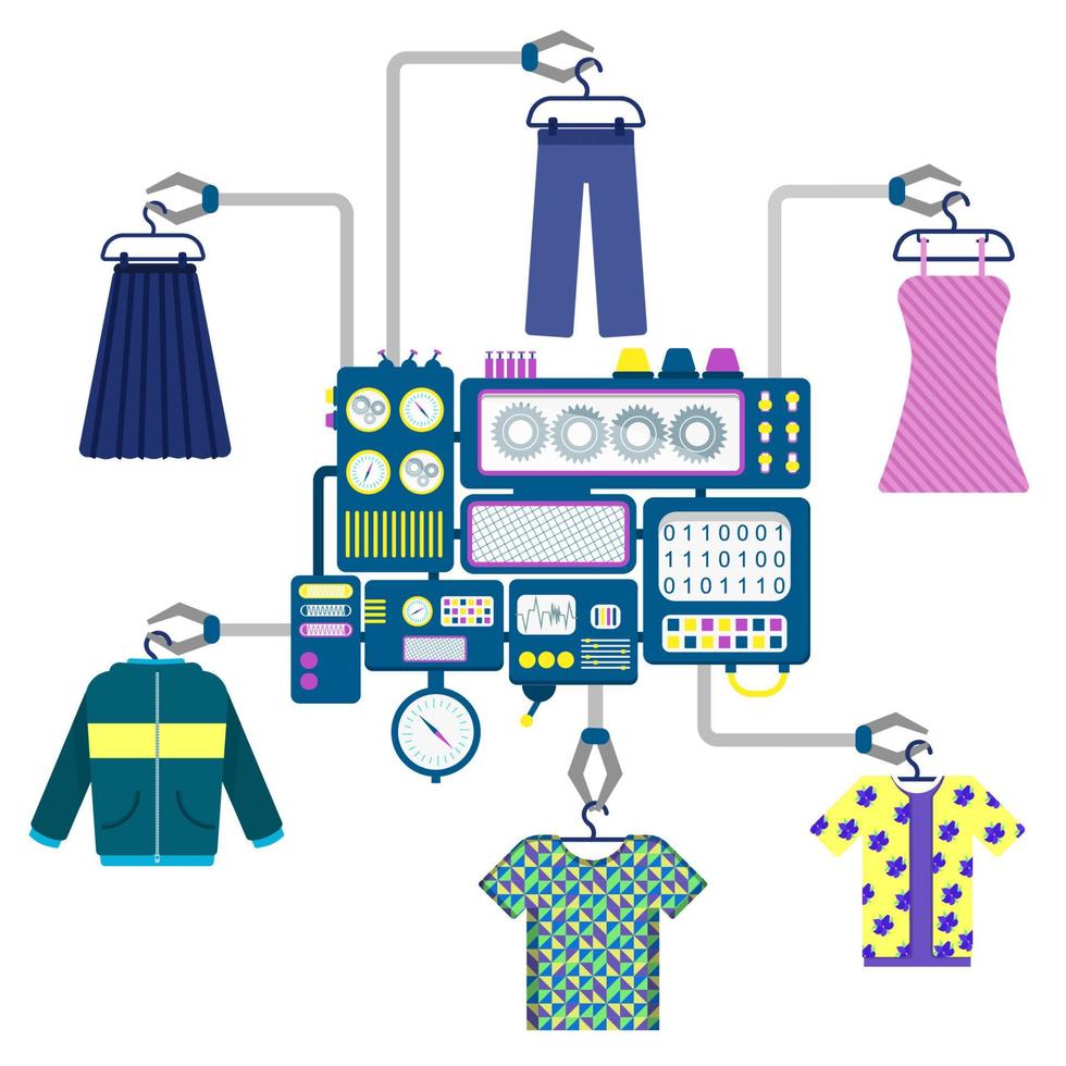 Machine with claws holding different pieces of clothing like t-shirts, shirts, dresses, skirts, jackets and pants. vector