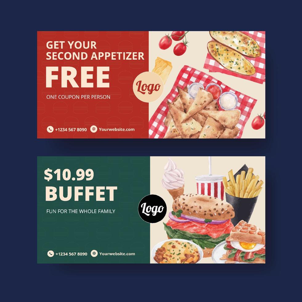 Voucher template with American foods concept,watercolor style vector