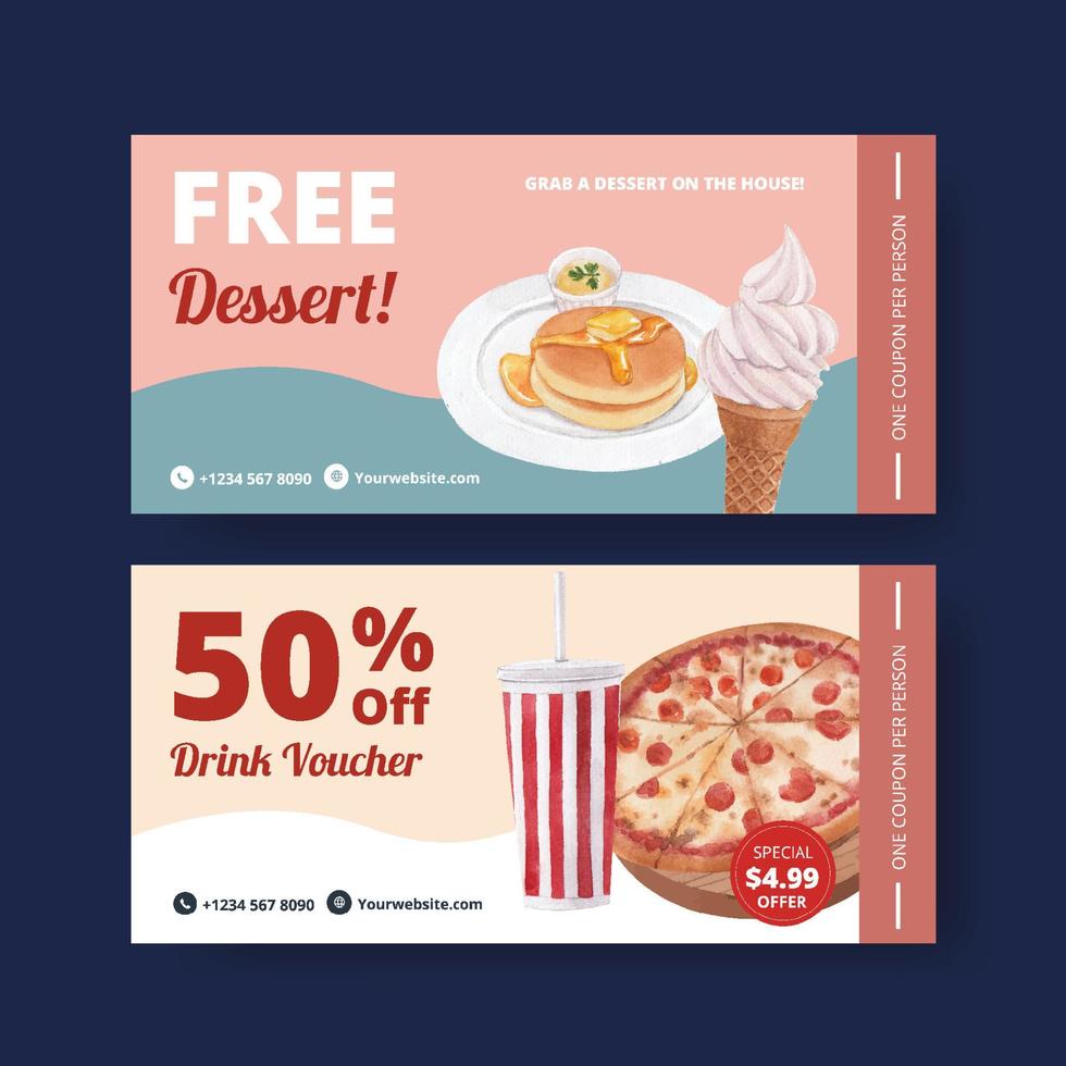 Voucher template with American foods concept,watercolor style vector