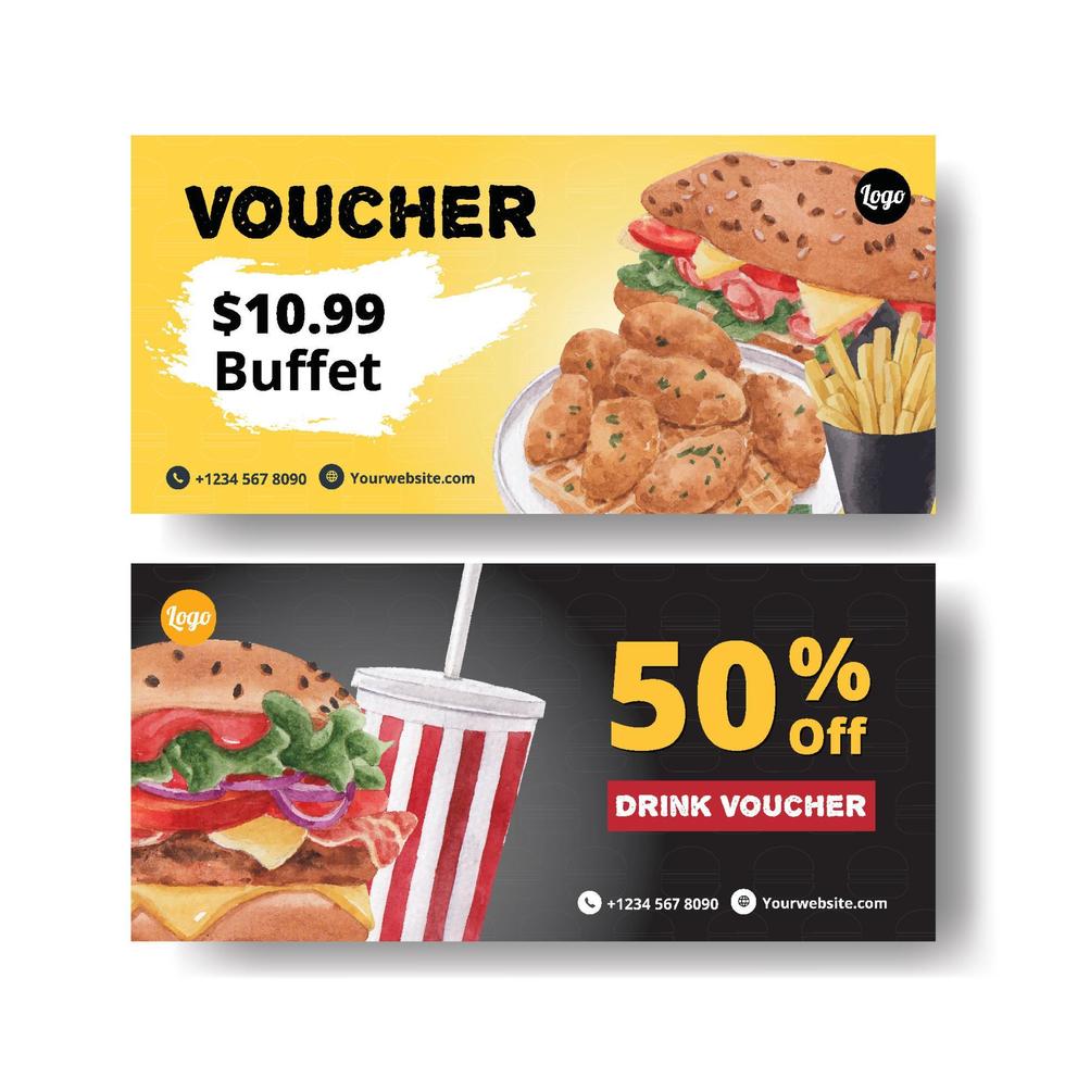 Voucher template with American foods concept,watercolor style vector