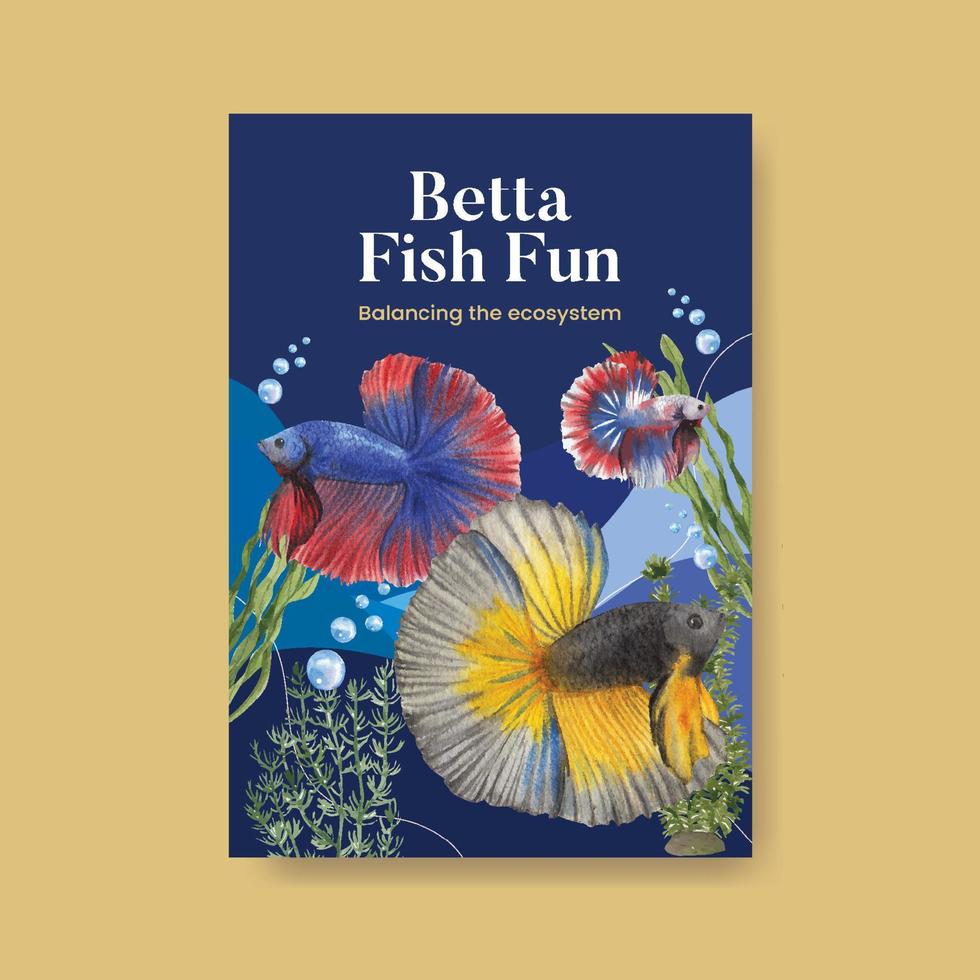 Plantilla de póster con concepto de pez Betta, estilo acuarela vector