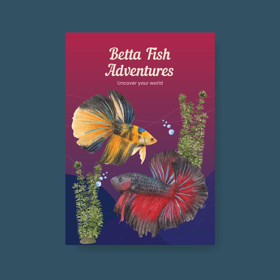 Plantilla de póster con concepto de pez Betta, estilo acuarela vector