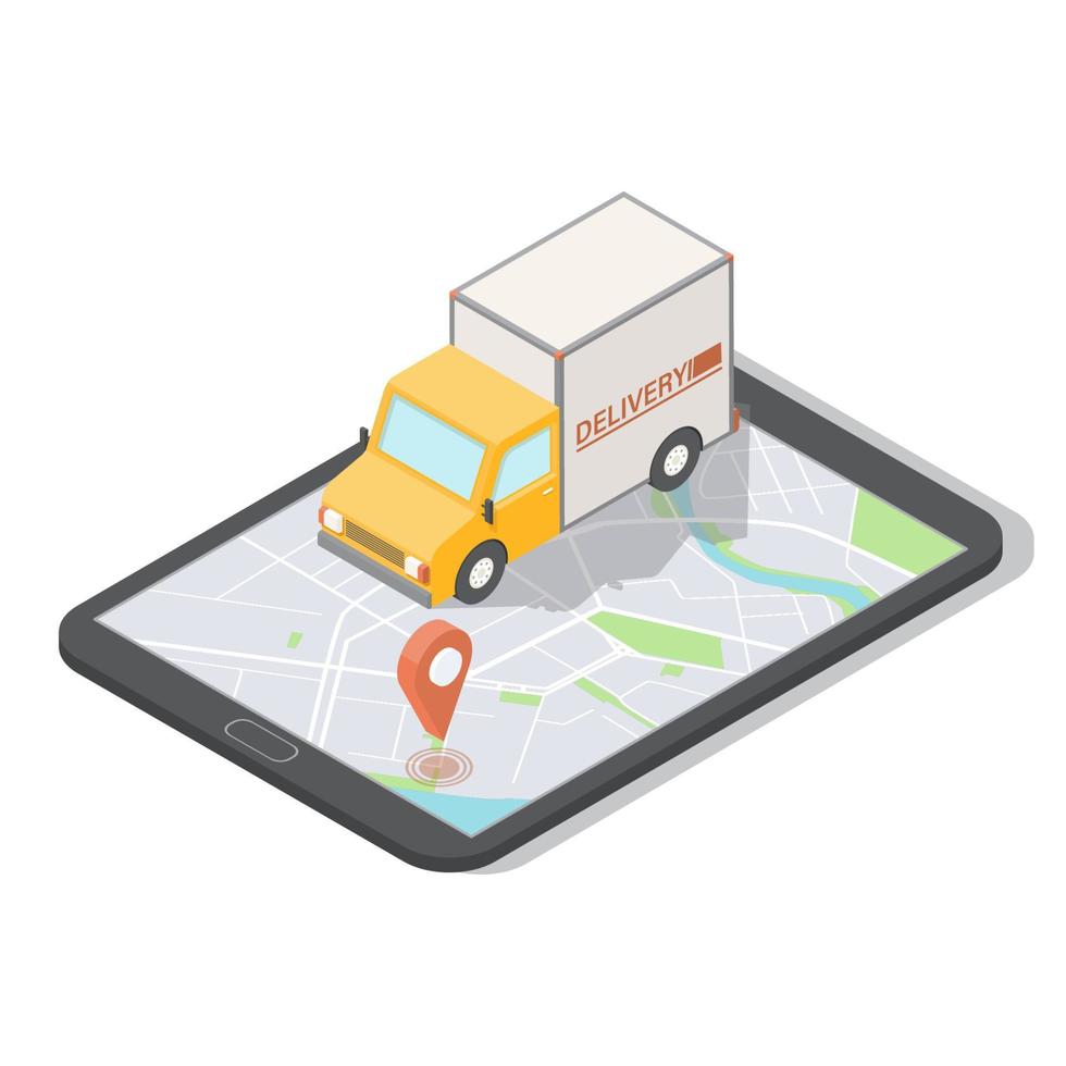Isometric truck and mobile phone screen with map. vector