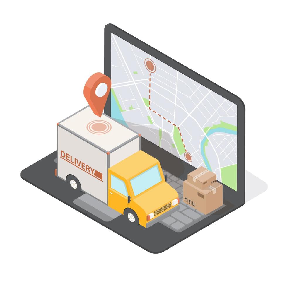 Isometric truck and mobile phone screen with map. vector