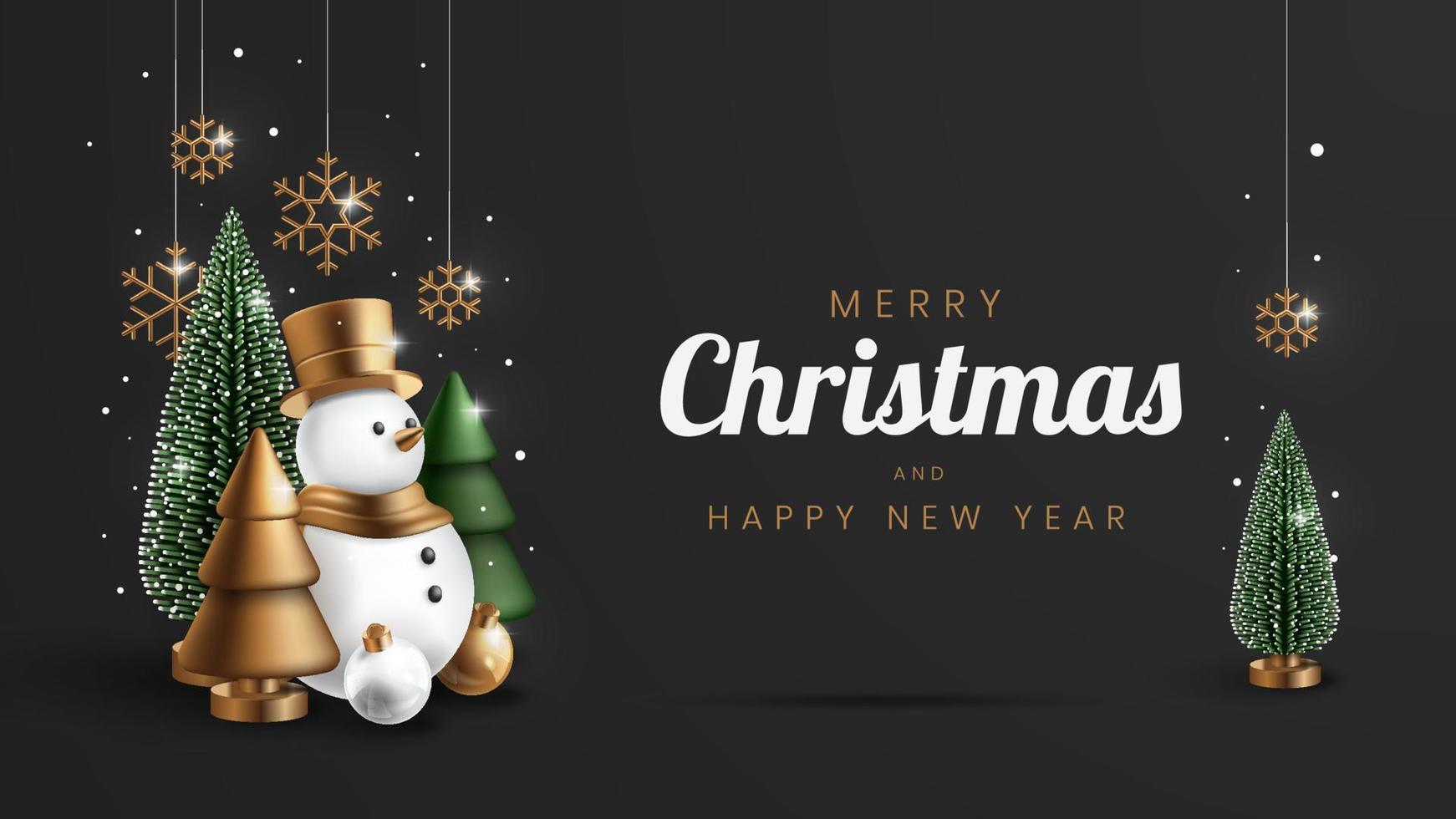 Merry Christmas banner with realistic christmas ornament. Xmas tree, snowman, and snowflake. Vector illustration.