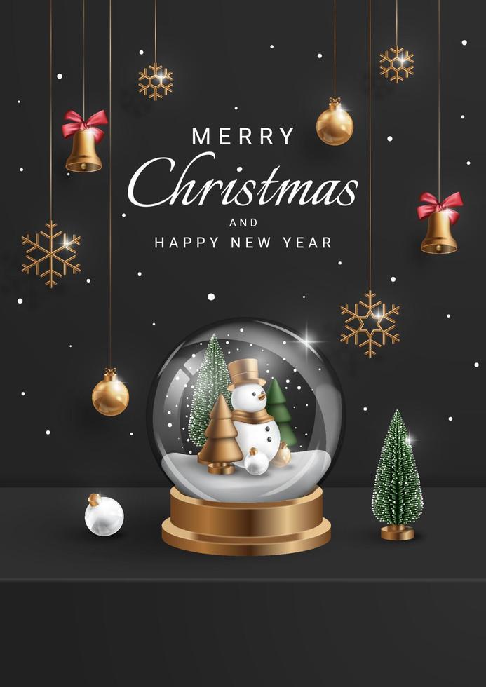 Merry Christmas background with realistic christmas ornament. Xmas snowman, tree and bell. Vector illustration.